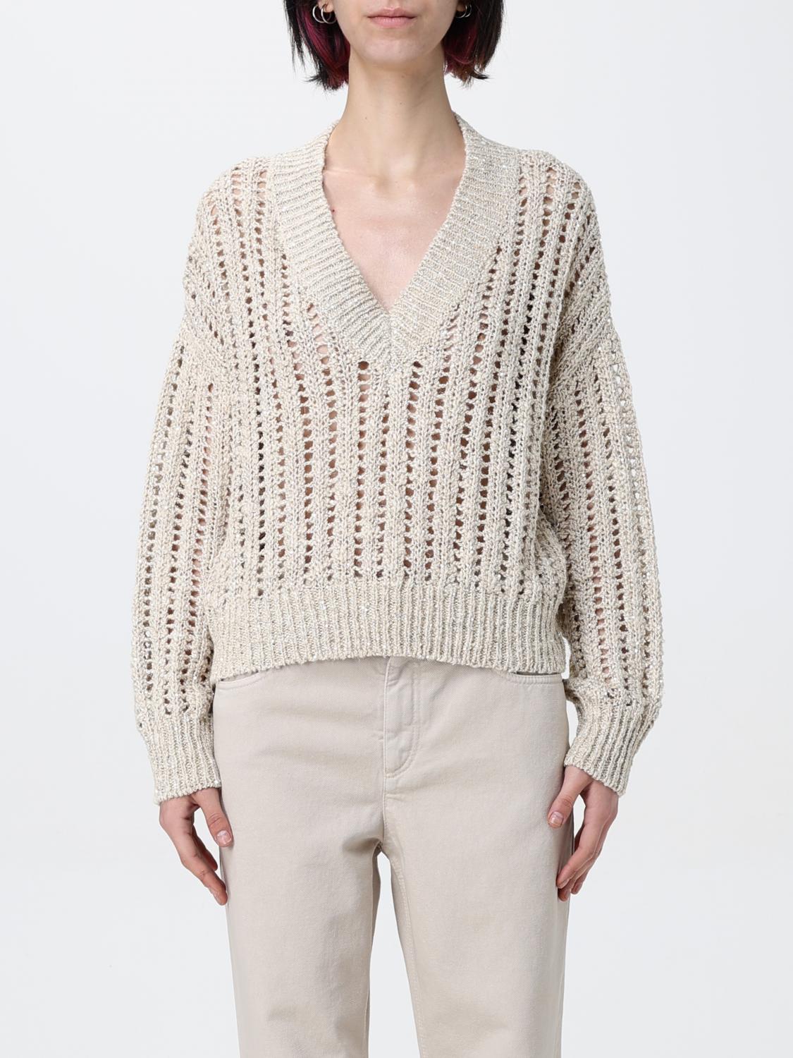 Brunello Cucinelli Embellished V Neck Pull Mohair Wool In Beige