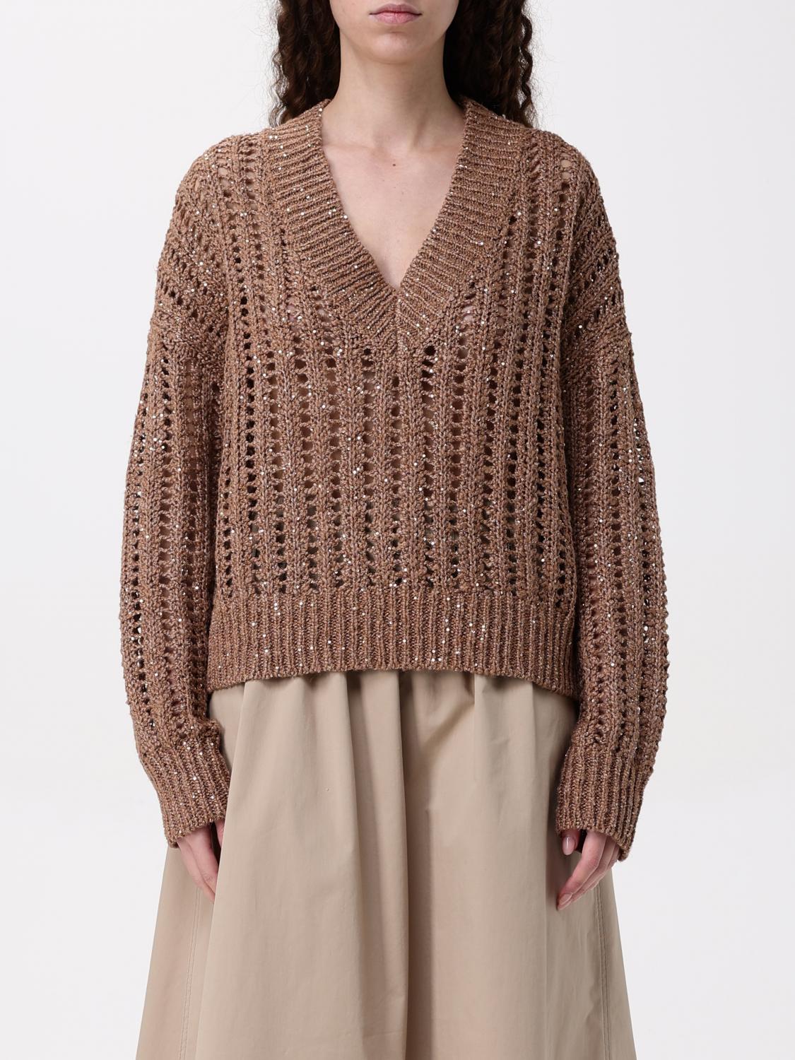 Brunello Cucinelli Dazzling Silk And Linen Openwork Rib Sweater In Brown
