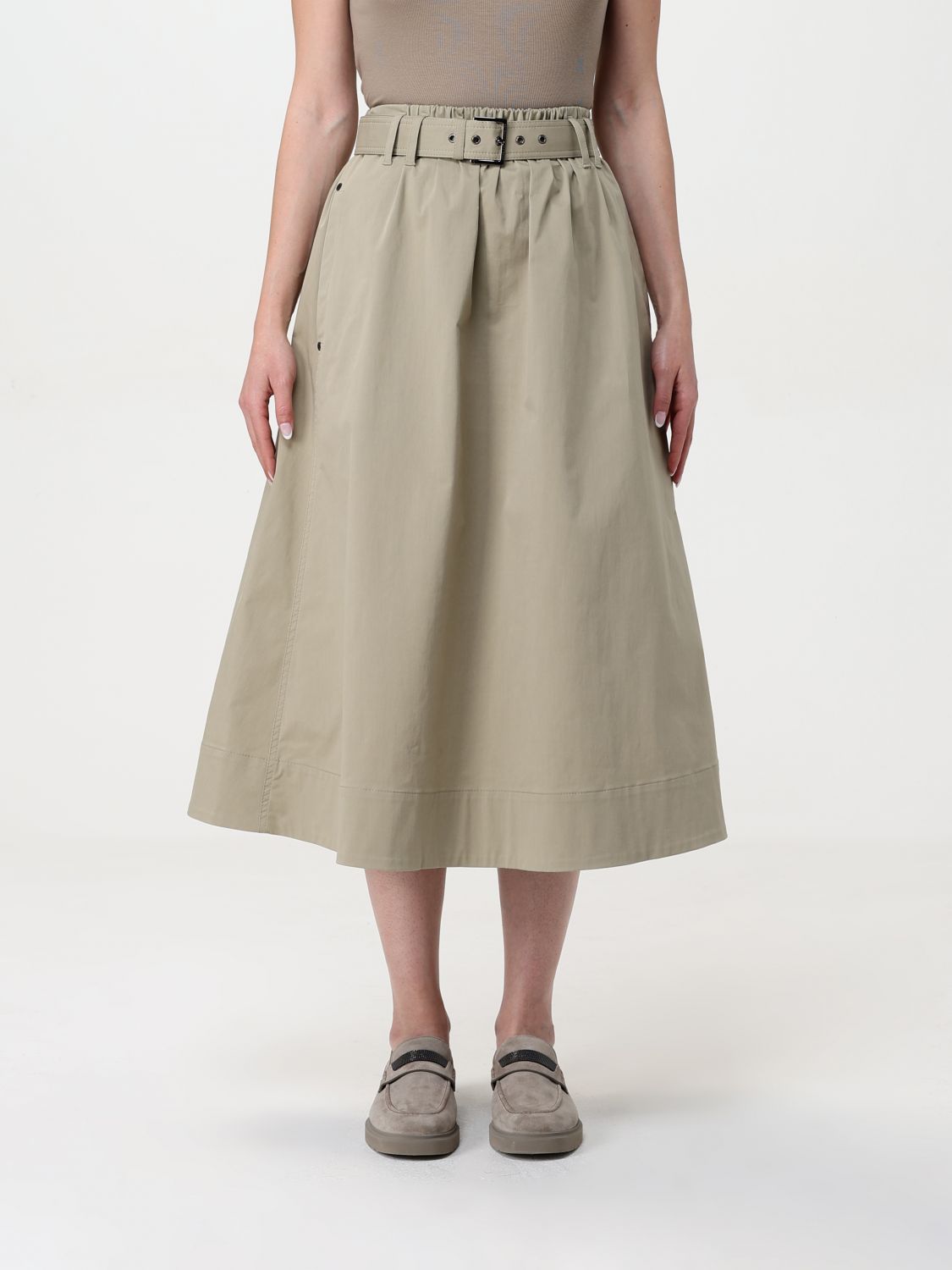 Brunello Cucinelli Stretch Cotton Long Skirt With Maxi Hem In Green