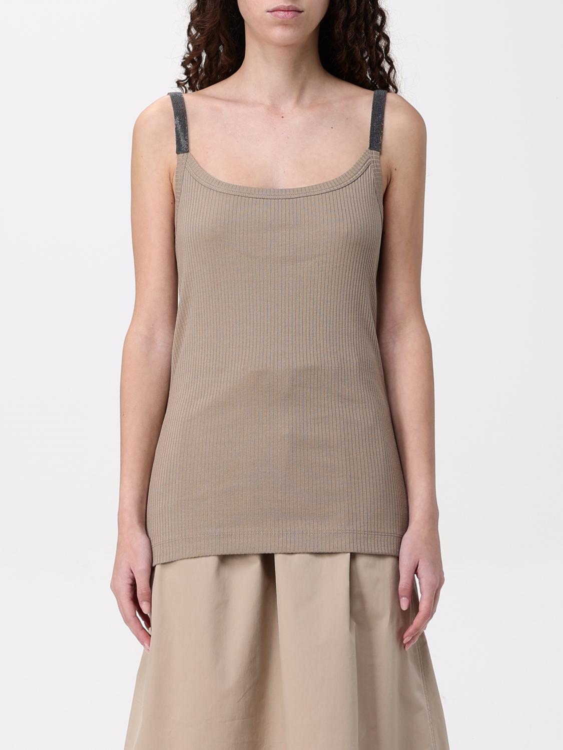 Brunello Cucinelli Ribbed Scoop Neck Sleeveless Top In Beige