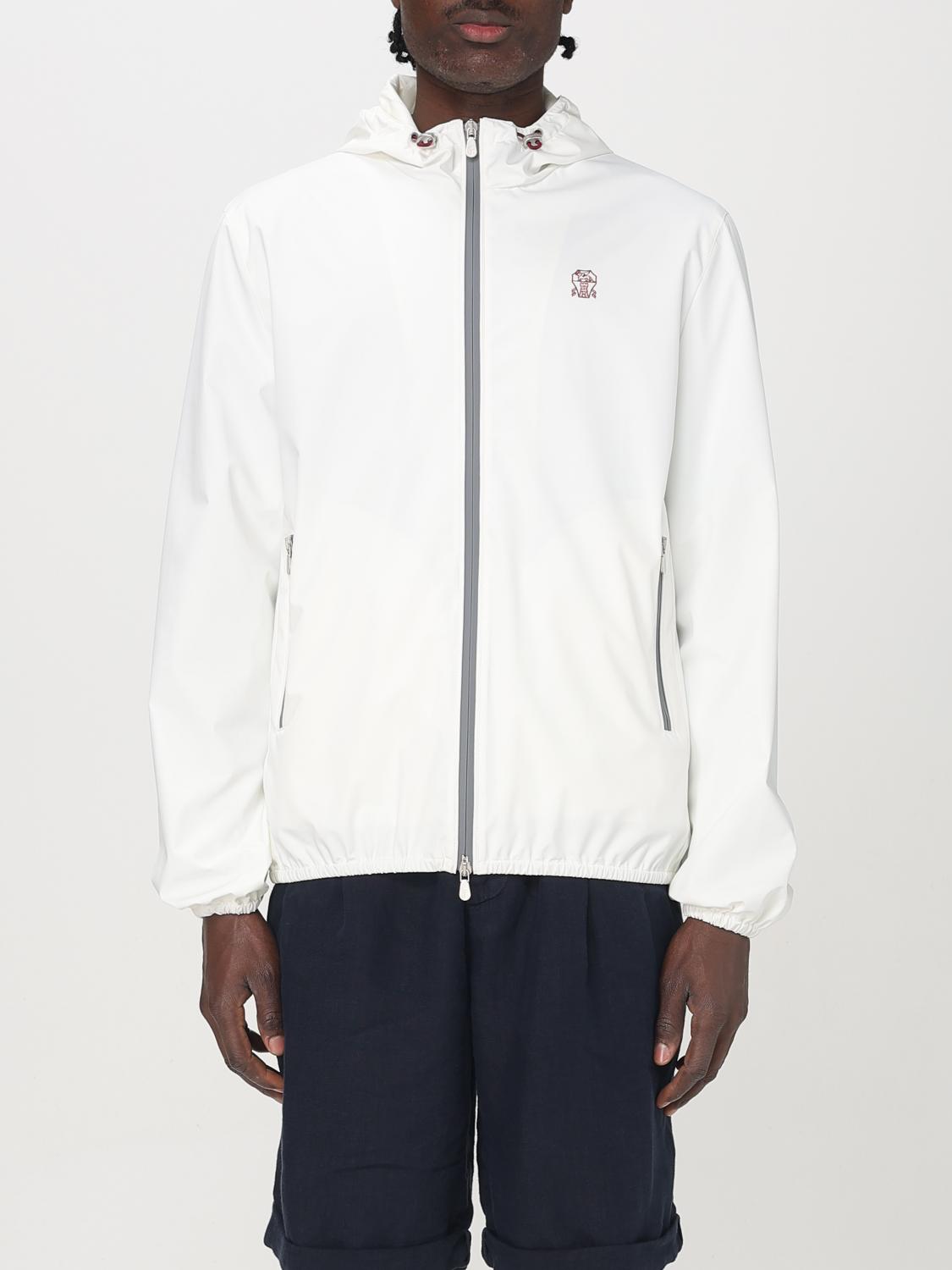 Brunello Cucinelli Men Bonded Nylon Hooded Outerwear Jacket With Logo In White