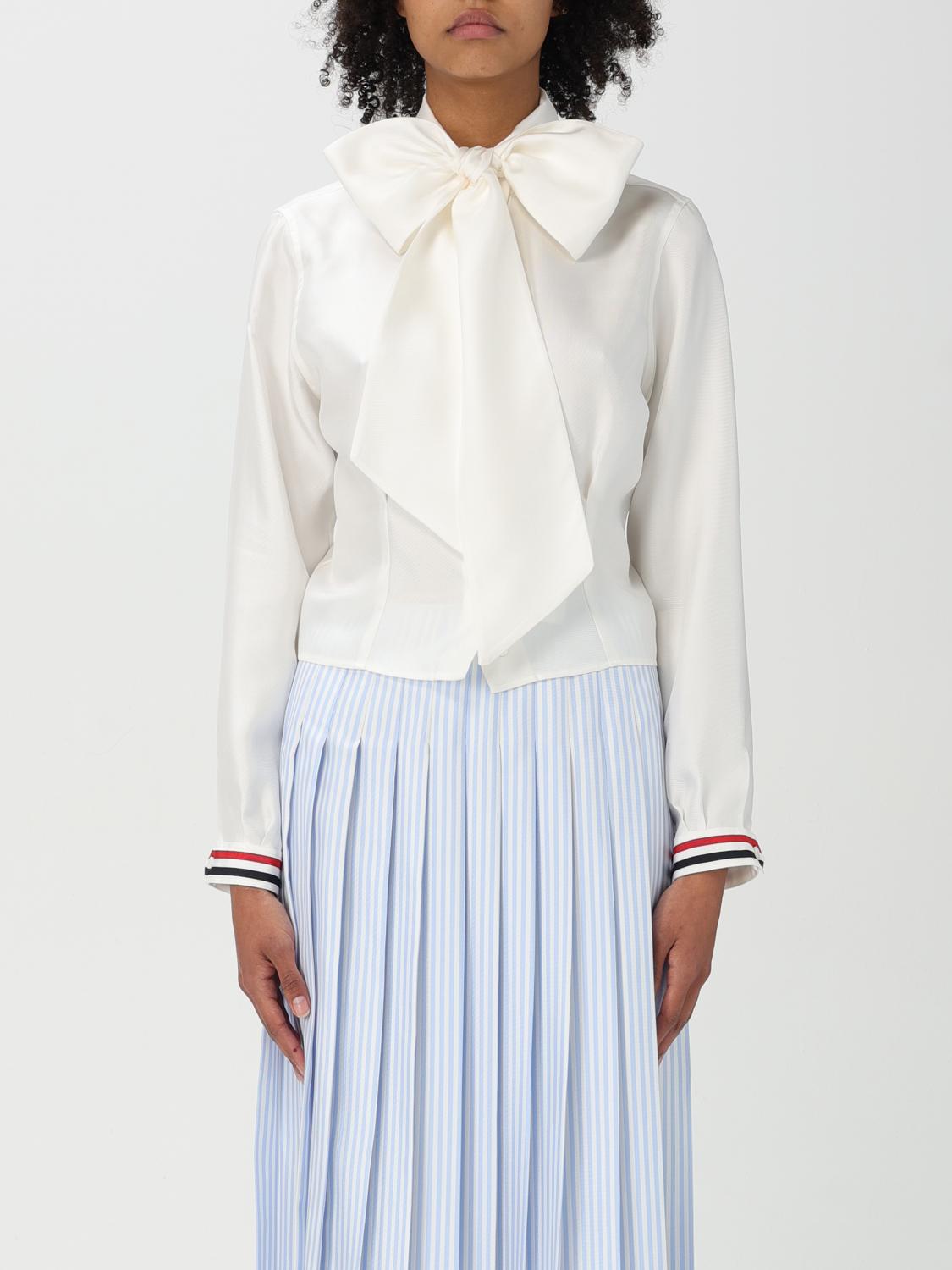 Thom Browne Silk Shirt With Bow Detail And Striped Cuffs In White