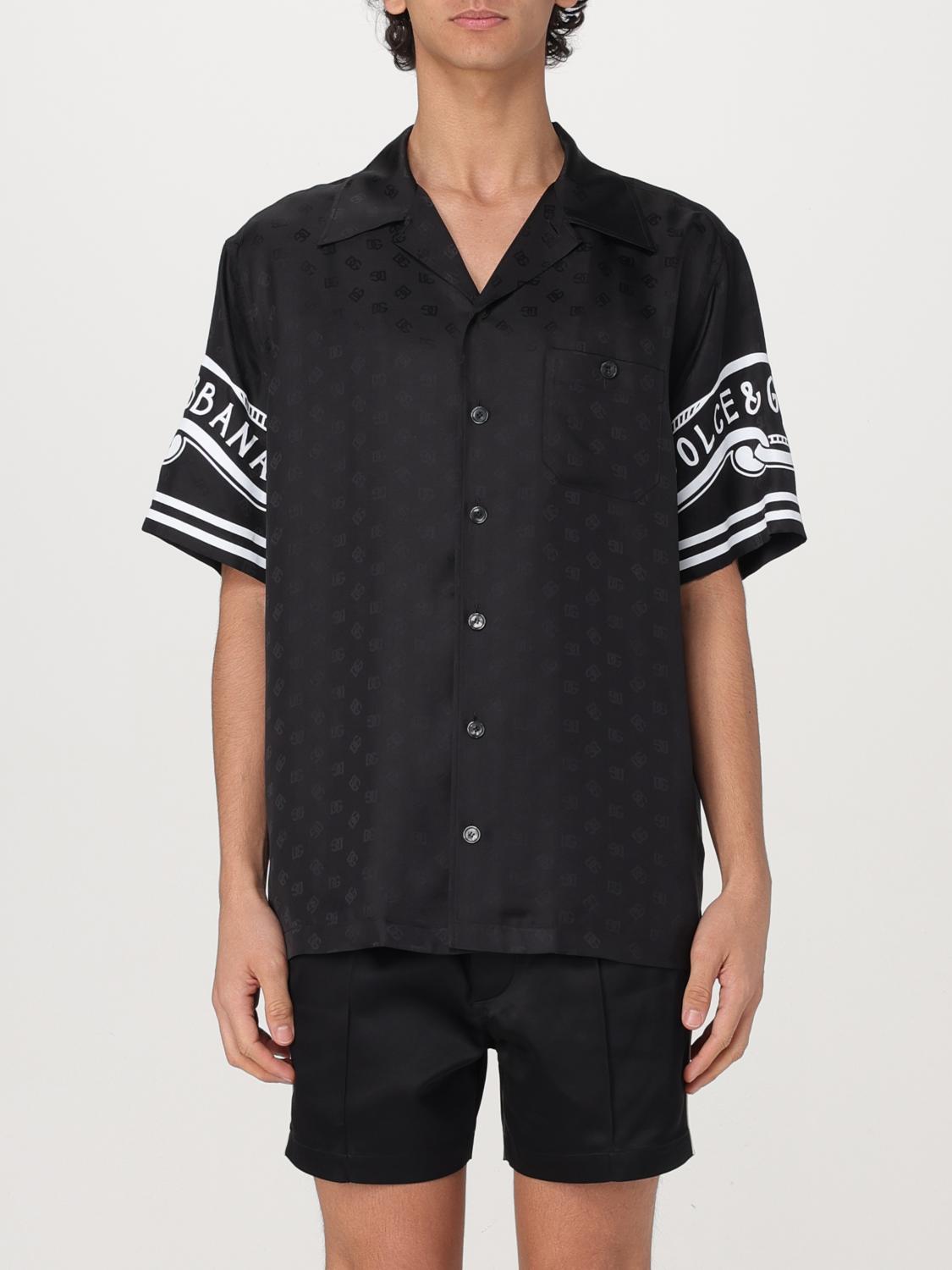Dolce & Gabbana Black Shirt With Logo Print On The Sleeves In Silk Man In White