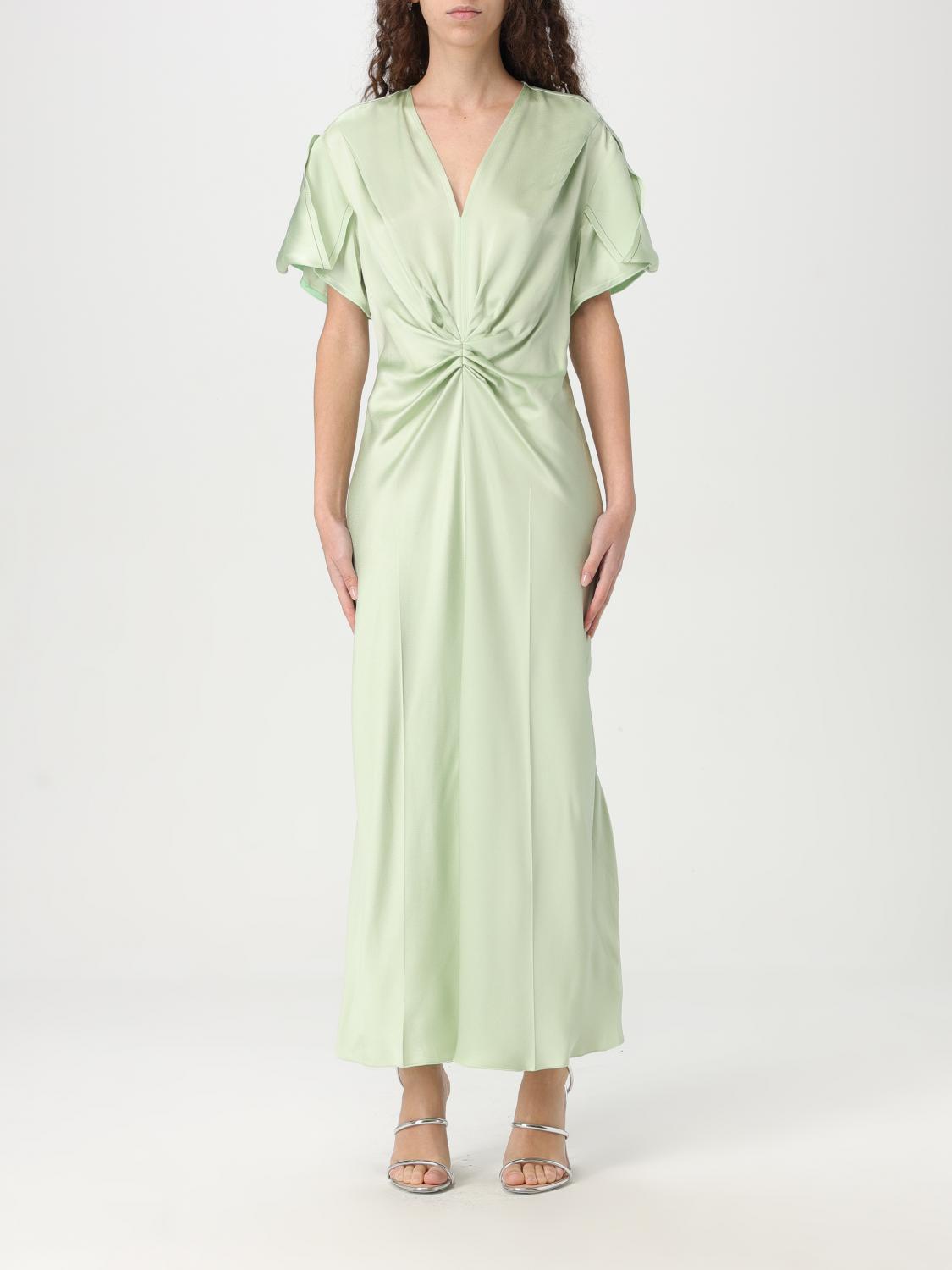 Victoria Beckham Knee Length Dress With Ruched And Ruffled Accents In Green