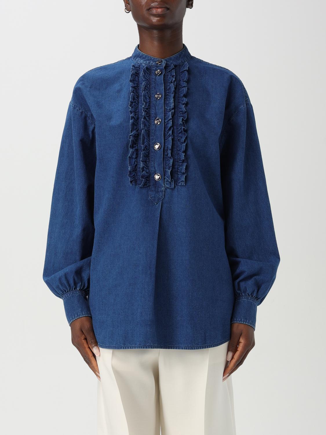 Valentino Classic Blue Denim Shirt With Ruffled Placket In Blue