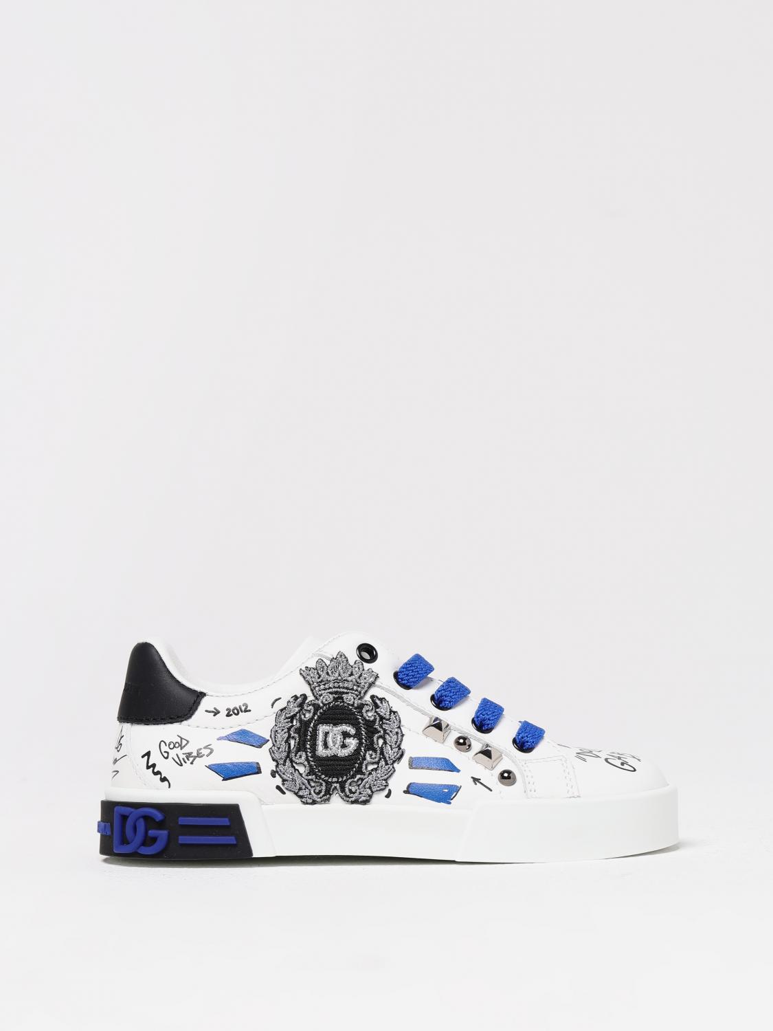 Dolce & Gabbana Printed Calfskin Portofino Light Sneakers In White