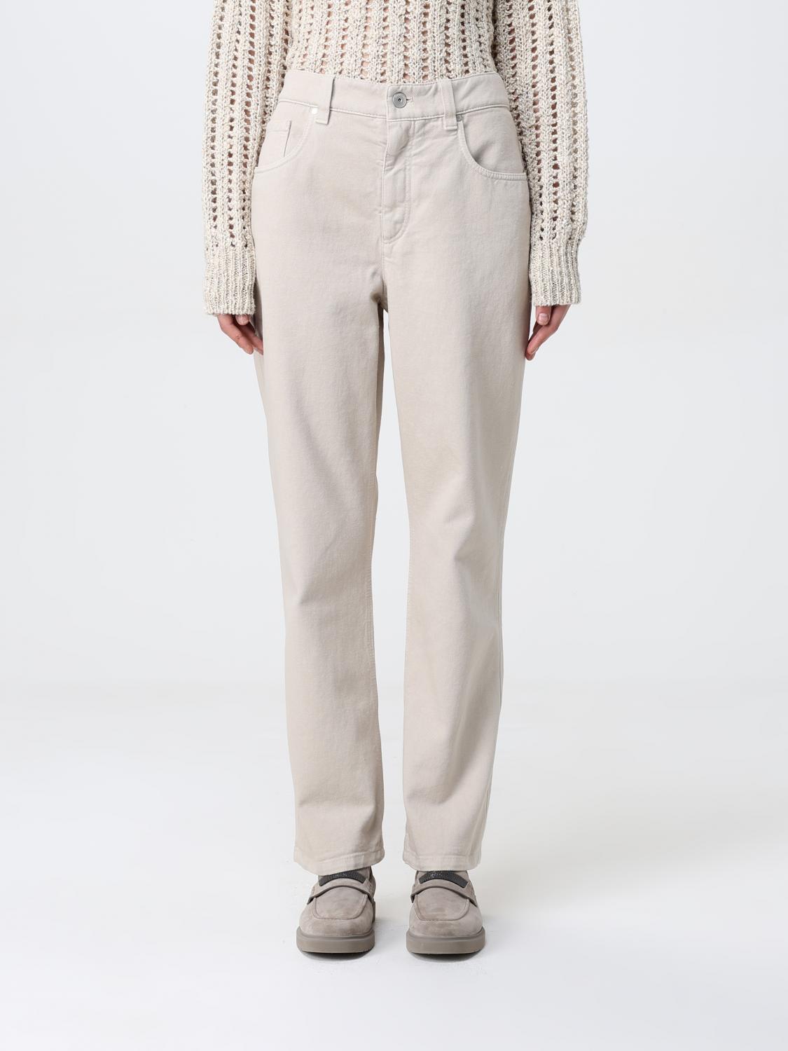 Brunello Cucinelli Woman Jeans Beige Size 6 Cotton, Elastane, Soft Leather, Brass In Ivory