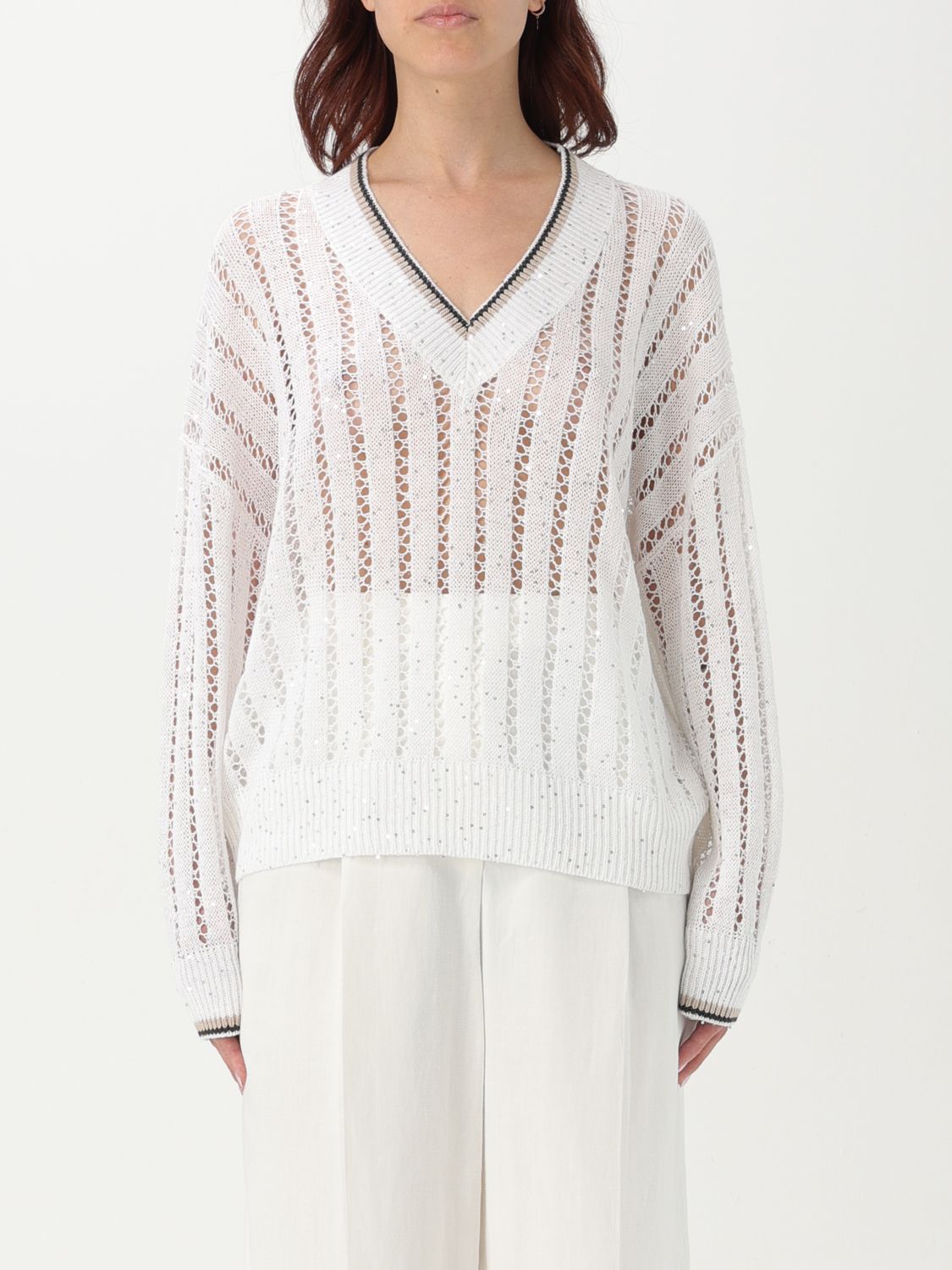 Brunello Cucinelli Perforated Linen Sweater With Sequins In White