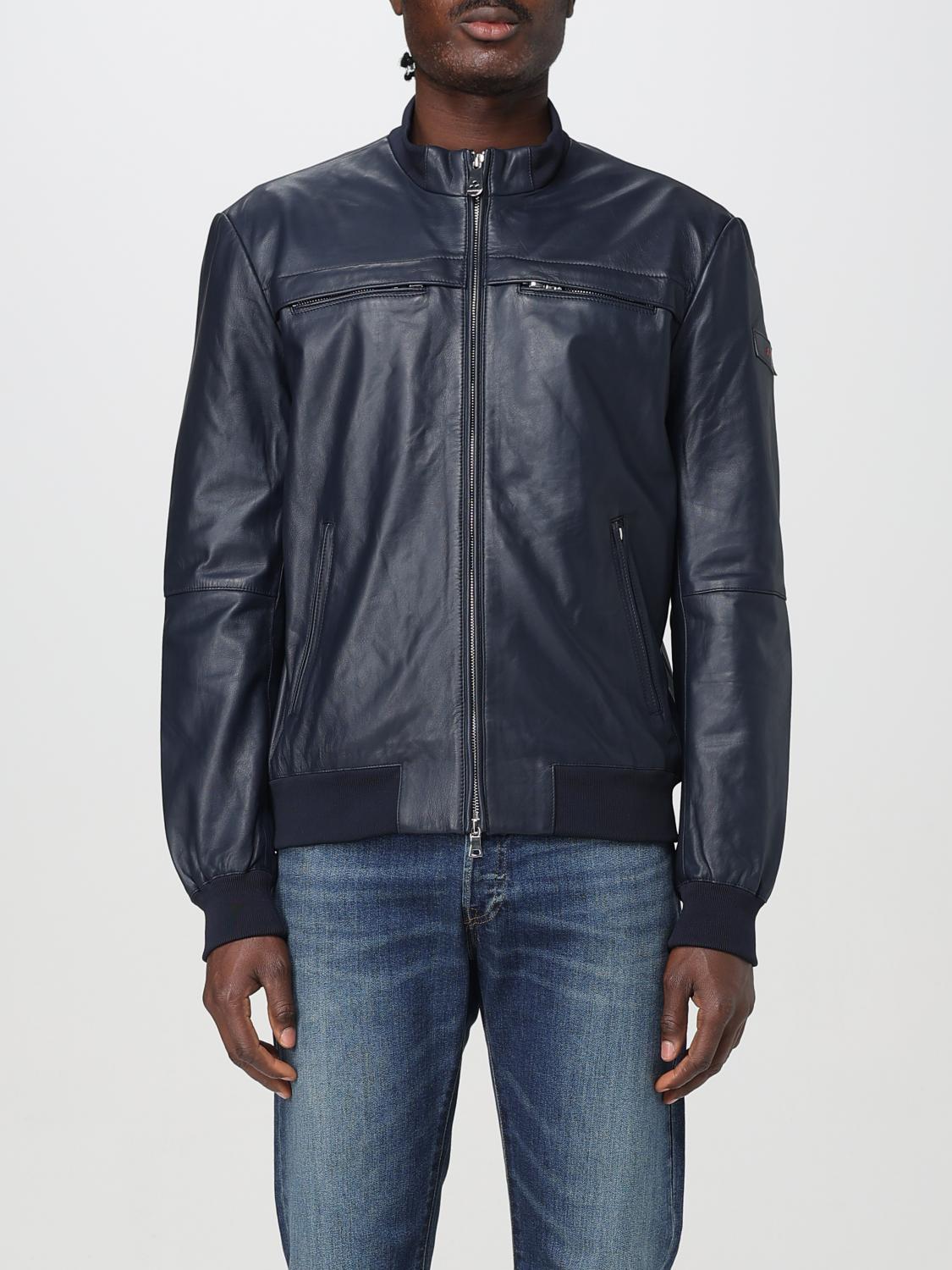 Peuterey Leather Jacket In Blau