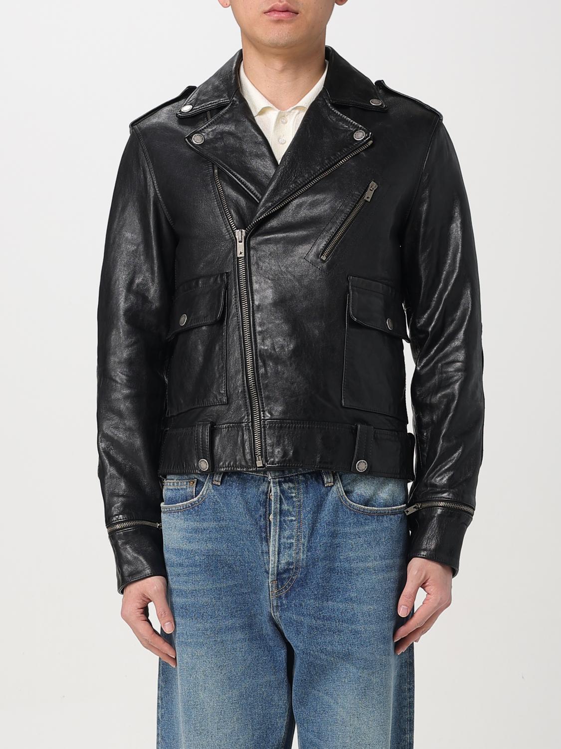 Golden Goose Black Biker Jacket With Notched Revers And Leopard Lining In Black