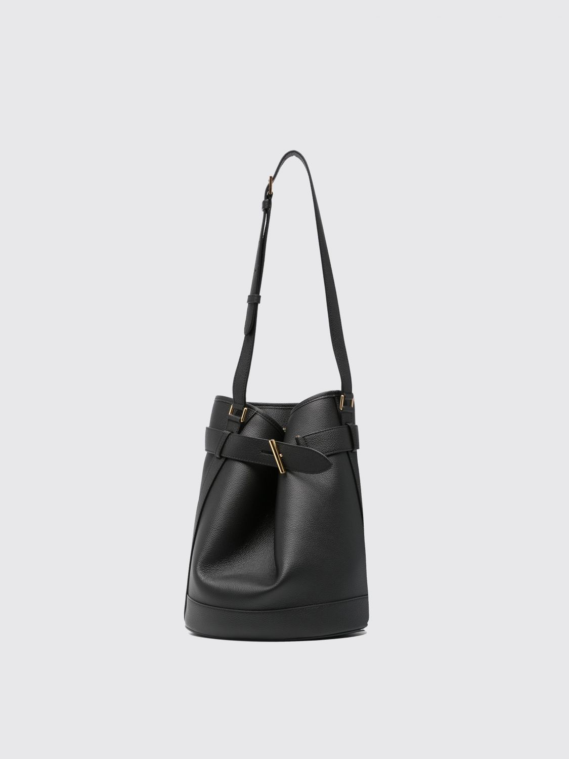 Tom Ford Black Medium Bucket Bag With Adjustable Shoulder Strap And Buckle Closure In Grained Leathe In Black