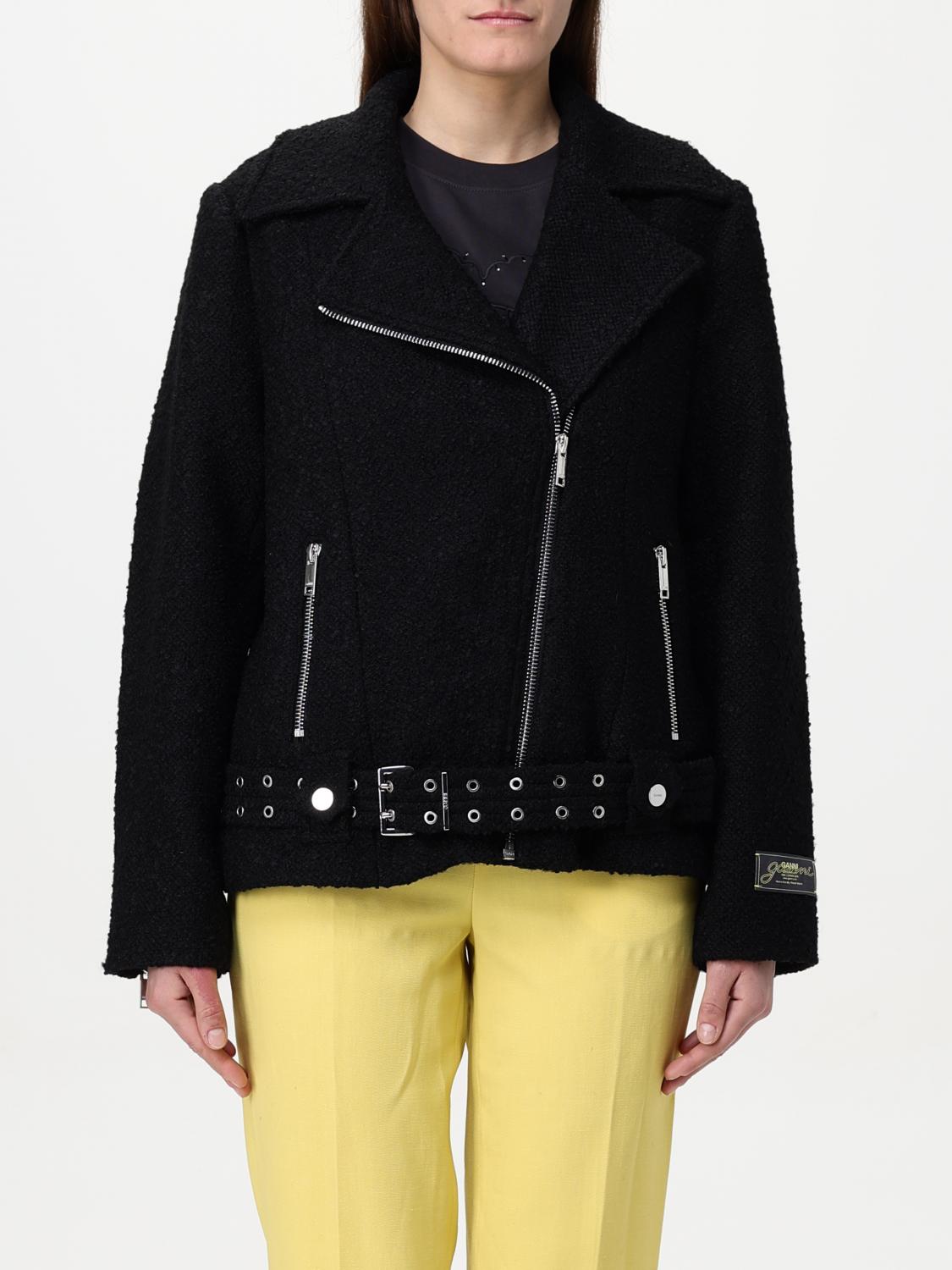 Ganni Boucle Wool Zip-up Biker Jacket In Black