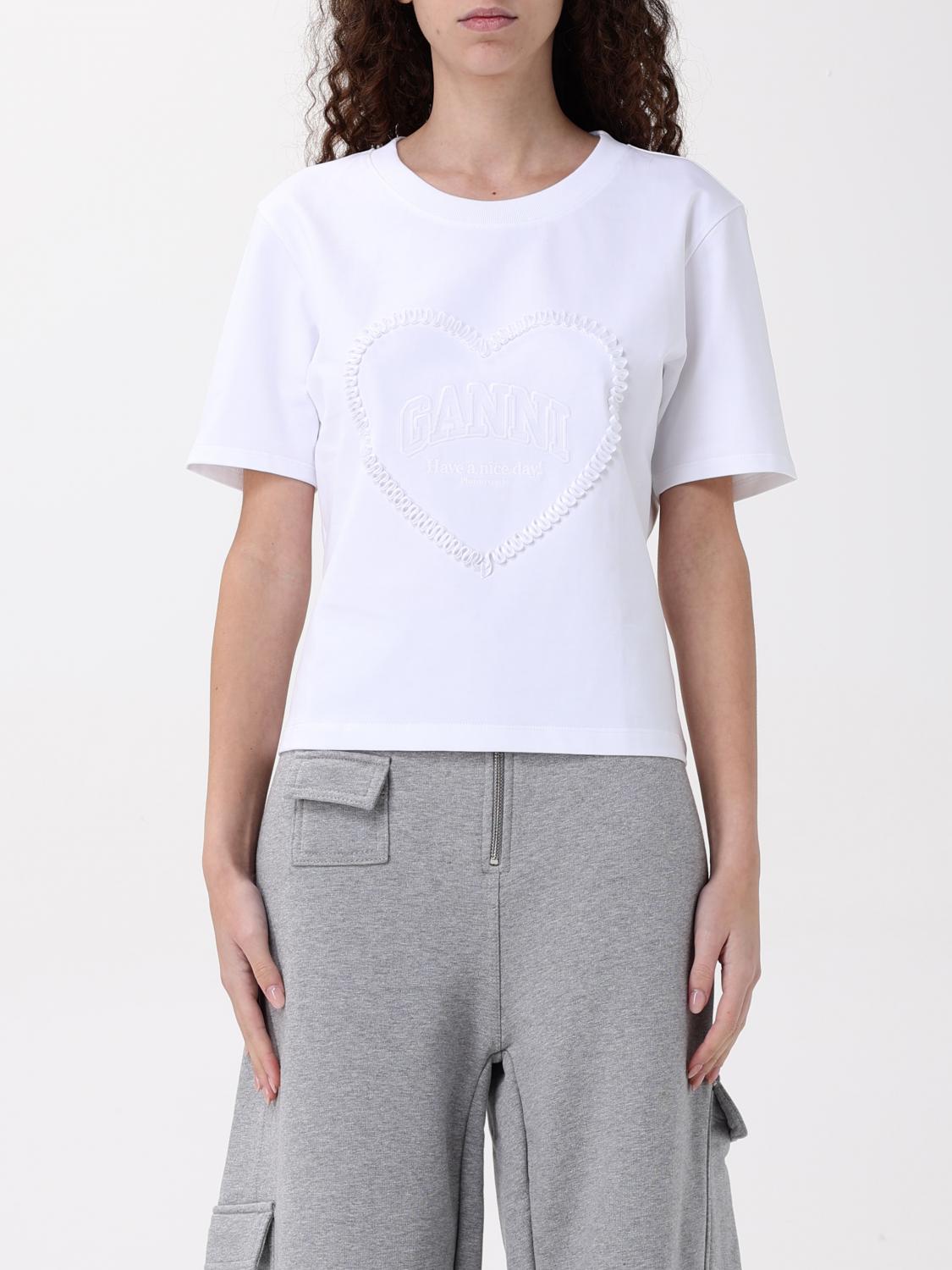Ganni Women Heart Embroidery T-shirt In White
