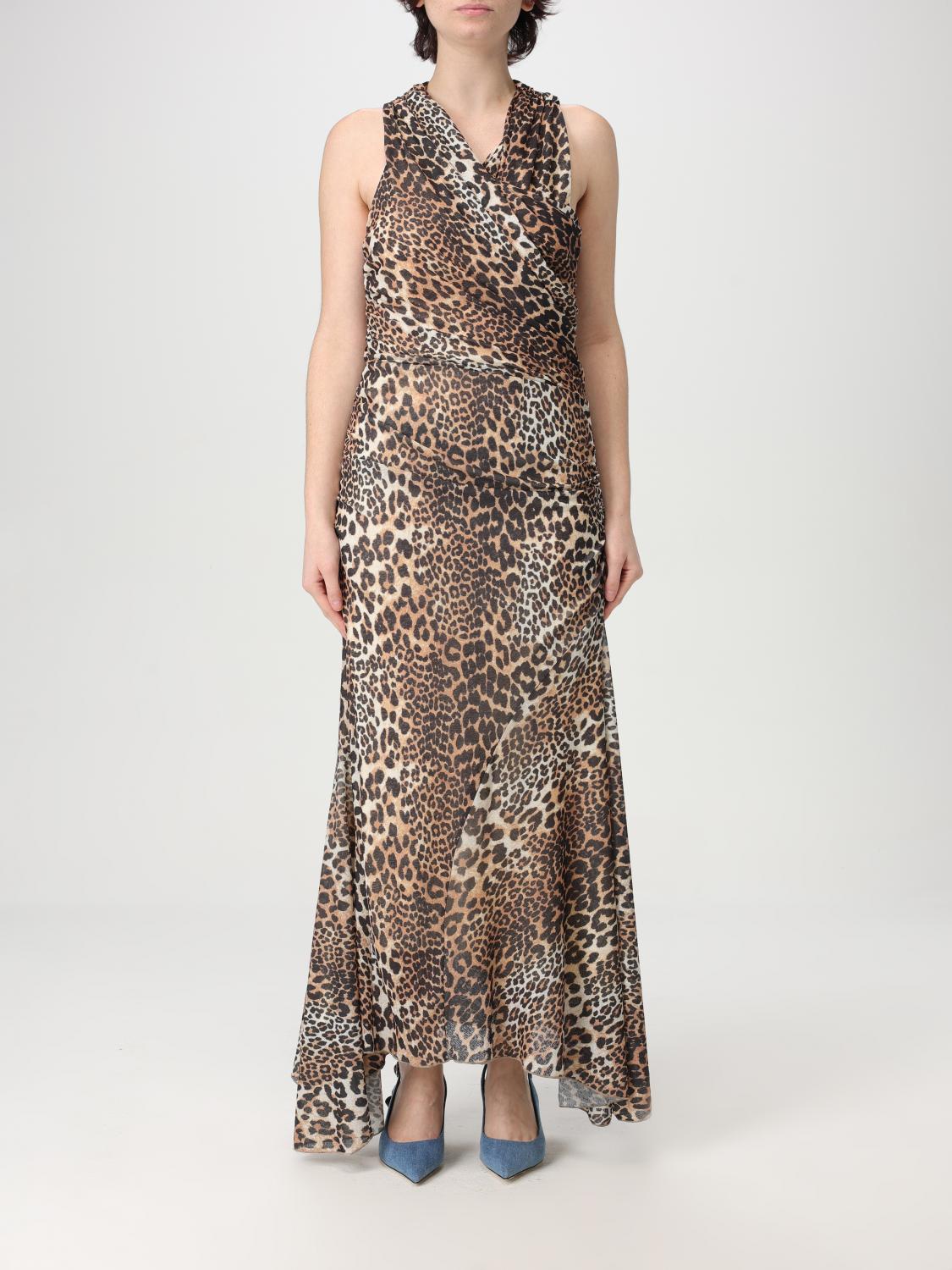 Ganni Brown Long Dress With All-over Leopard Print And Asymmetric Hem In Tech Fabric Woman In Beige