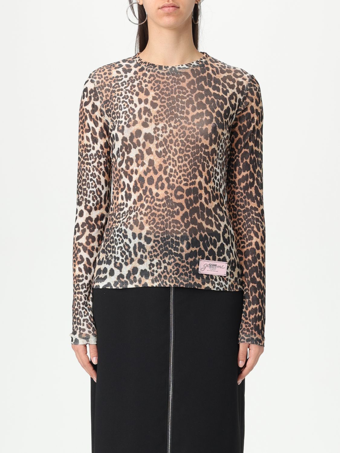Ganni Topwear In Animalier Polyester In Brown