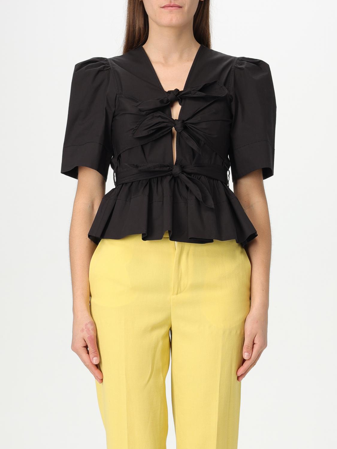 Ganni Poplin Front-tie Peplum Blouse With Puffed-sleeves In Black
