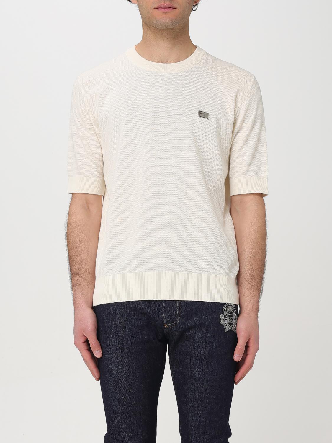 Dolce & Gabbana White T-shirt With Crew Neck And Applied Logo Plate On The Chest In Cotton Man In Beige