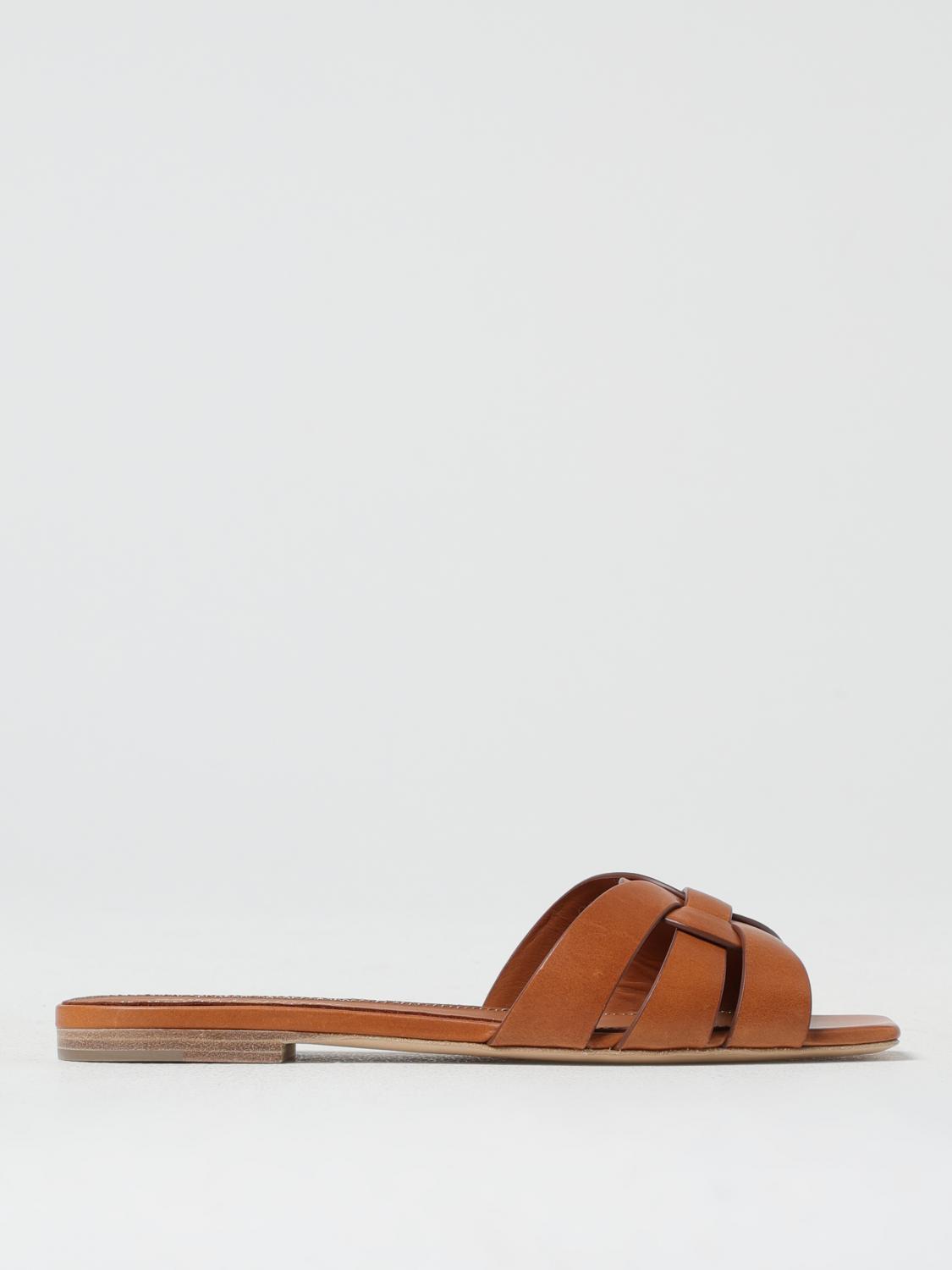 Saint Laurent Tribute Woven Leather Flat Sandals In Brown