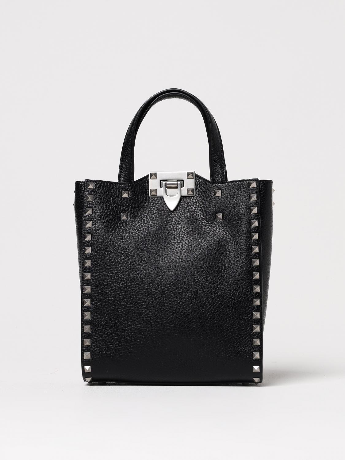 Valentino Black Leather Rockstud Handbag In Black