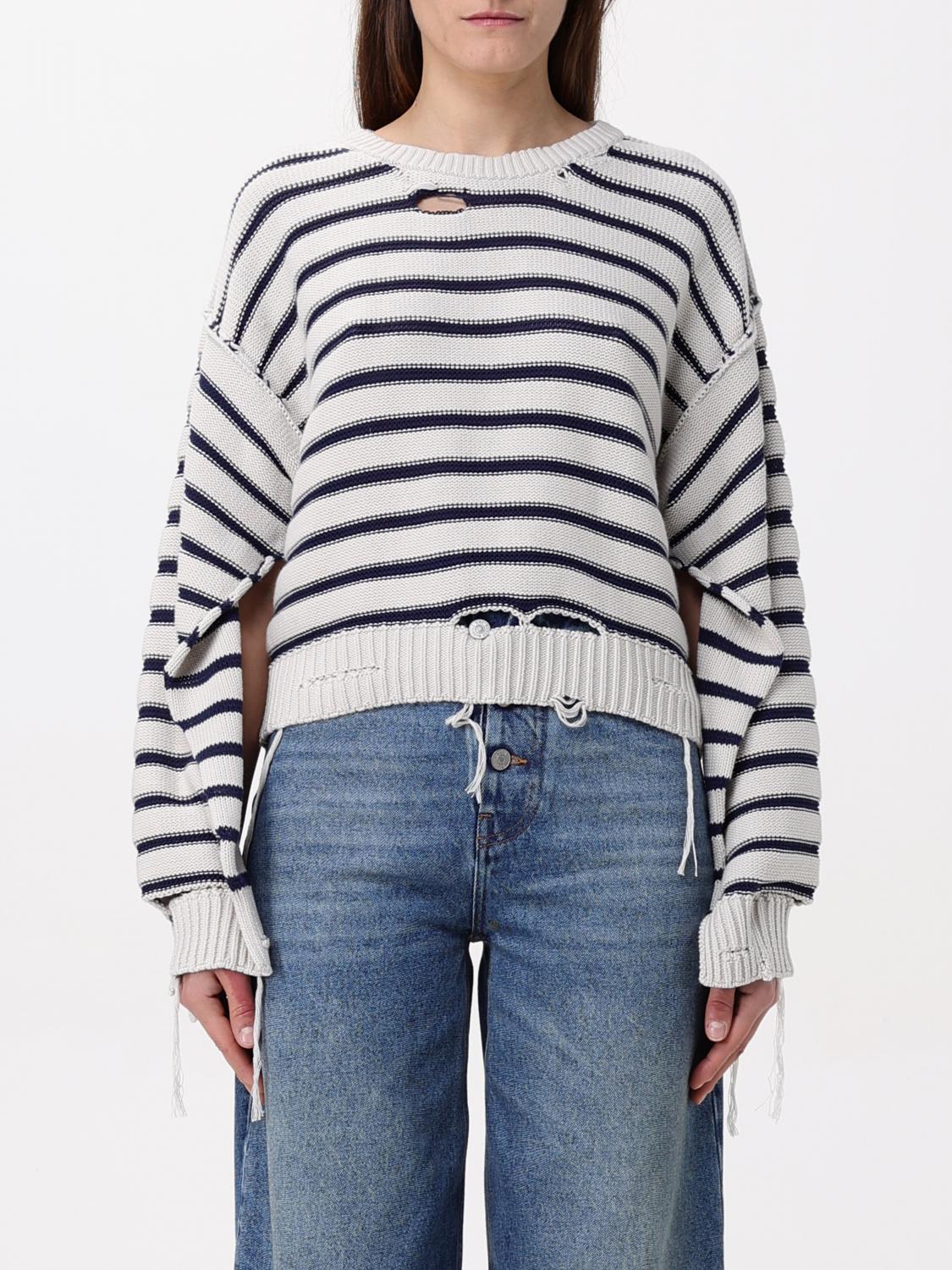 Mm6 Maison Margiela White And Blue Striped Sweater With Cut-out Details In Multicolor