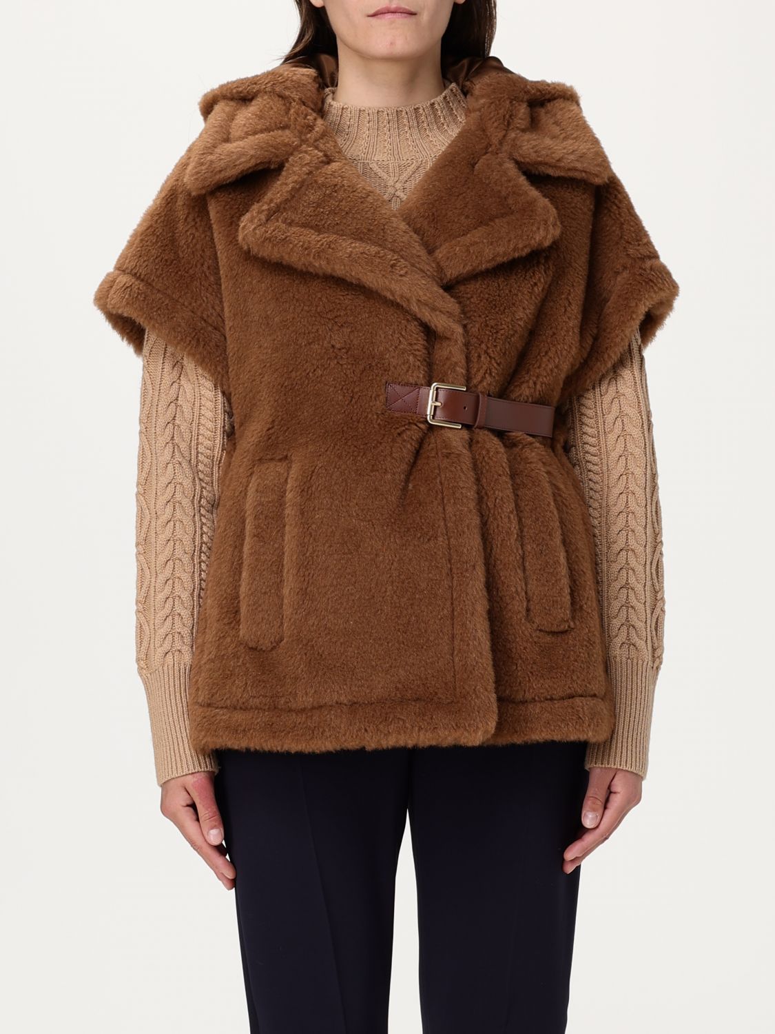 Max Mara Lanos 04 Alpava And Cashmere Cape With Belt In Camel
