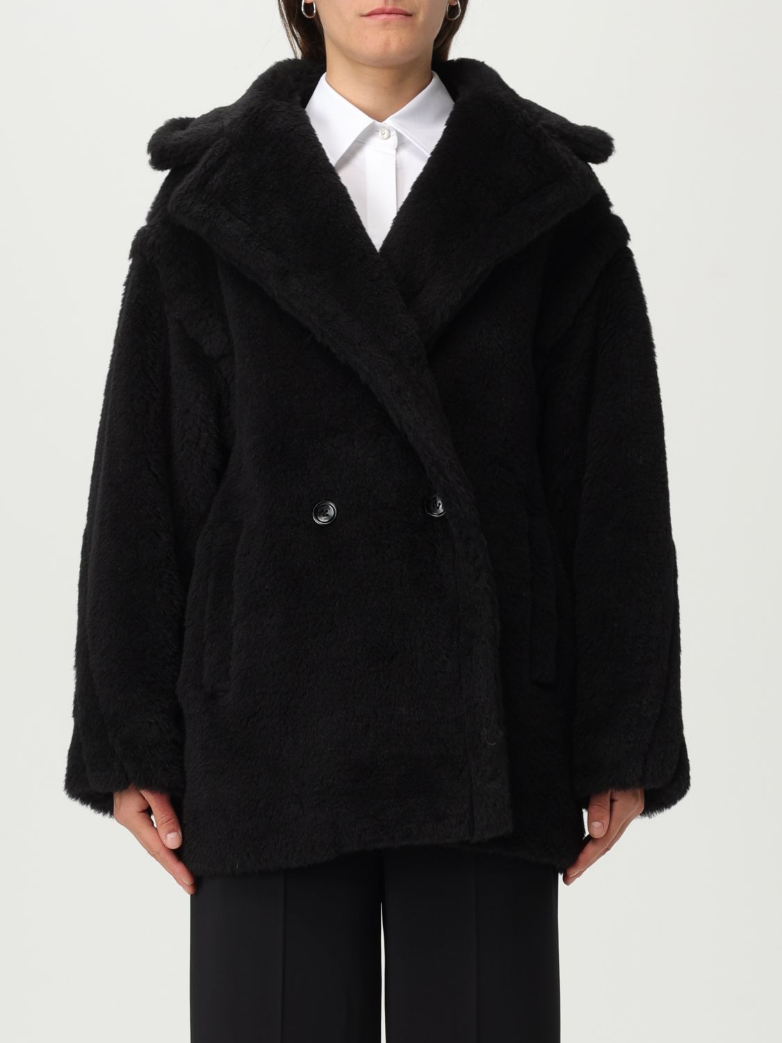 Max Mara Black Teddy Coat In Alpaca And Black Wool