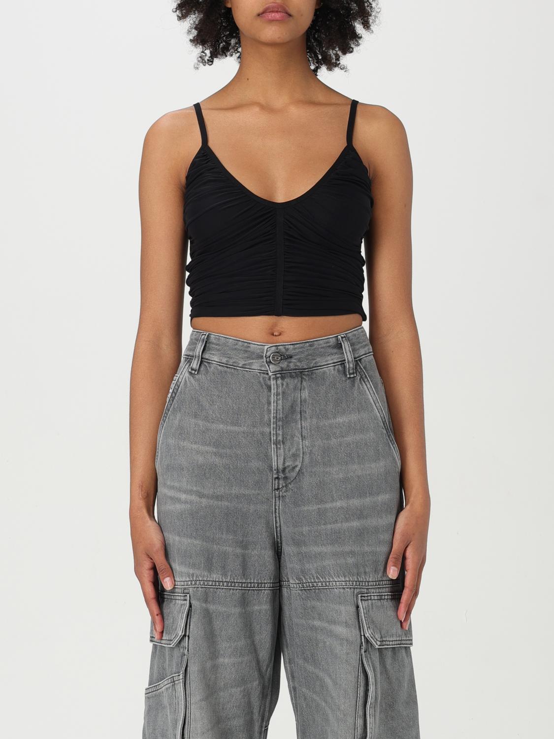 Diesel V-neck Cropped Top With Textured Finish In Black