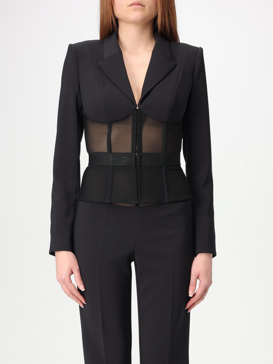 Elisabetta Franchi Tailored Blazer With Sheer Tulle Panels In Black