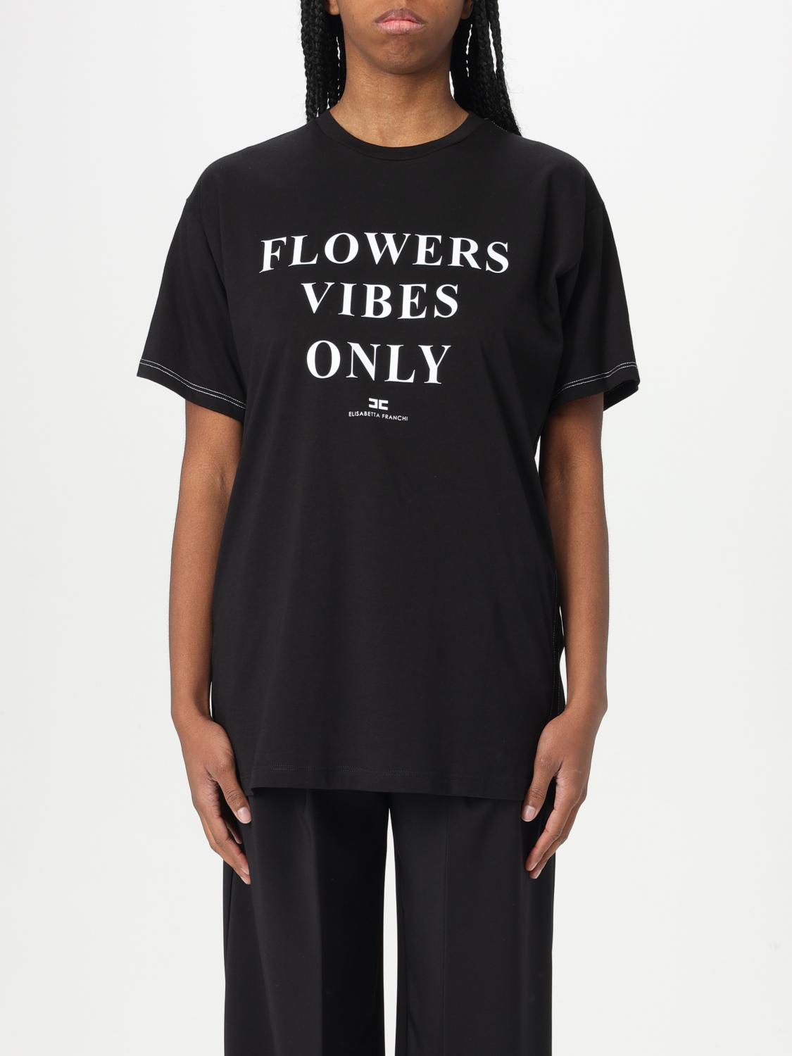 Elisabetta Franchi Jersey T-shirt With Print And Satin Bands In Black