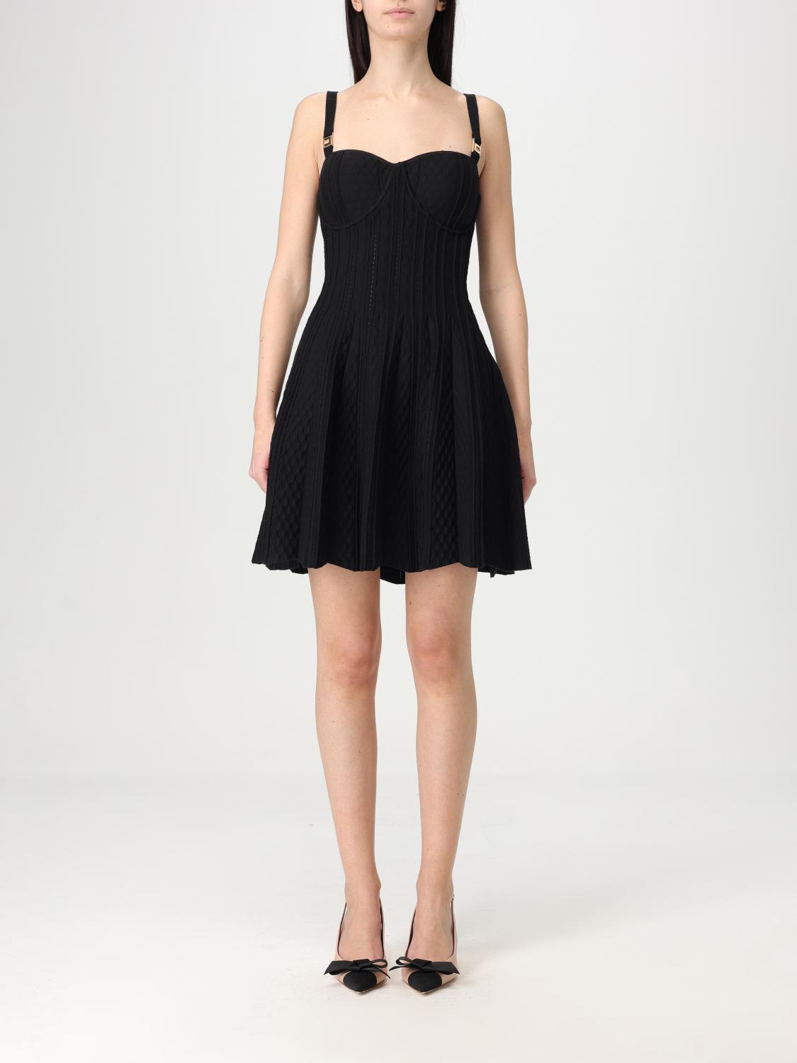Elisabetta Franchi Heart Neck Backless Pleated Gown Dress In Black