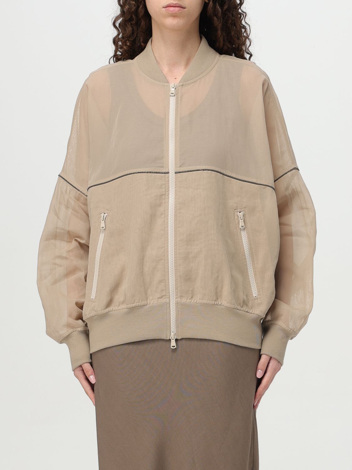 Brunello Cucinelli Cotton Organza Bomber Jacket In Beige