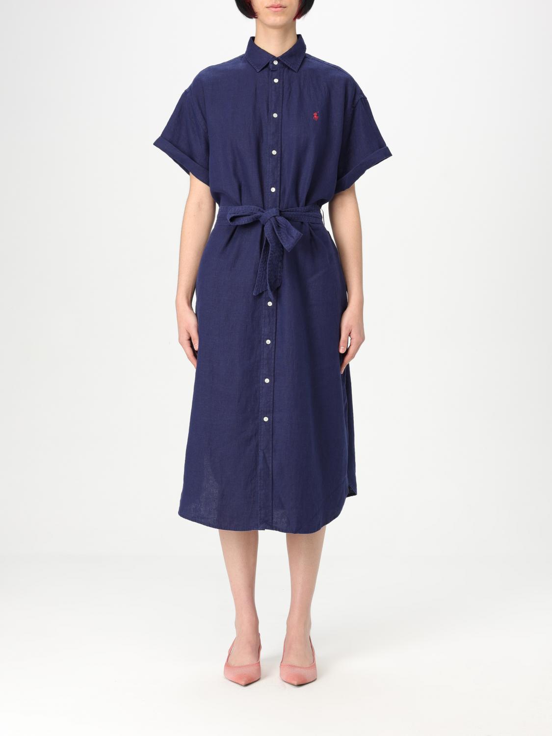 Polo Ralph Lauren Logo Embroidered Oxford Midi Shirt Dress In Navy