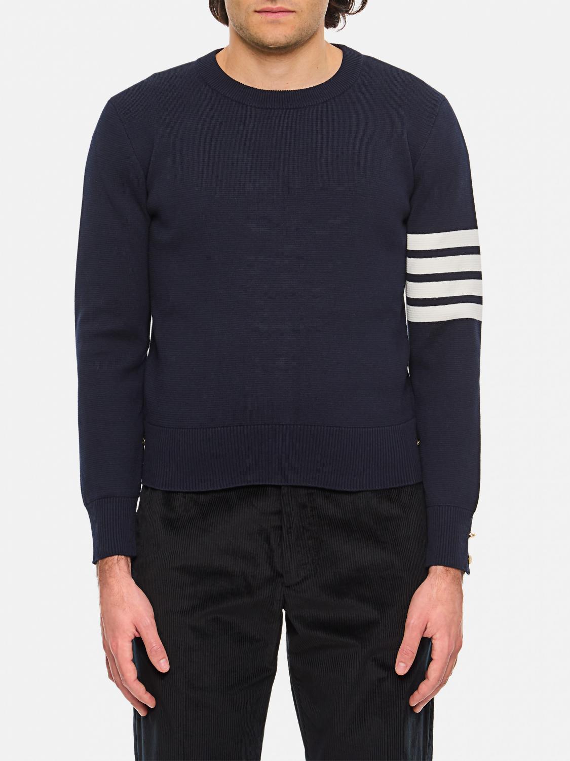 Thom Browne Blue Crewneck Swwater With 4-bar On The Sleeve And Ribbed Trims In Wool Man In Black