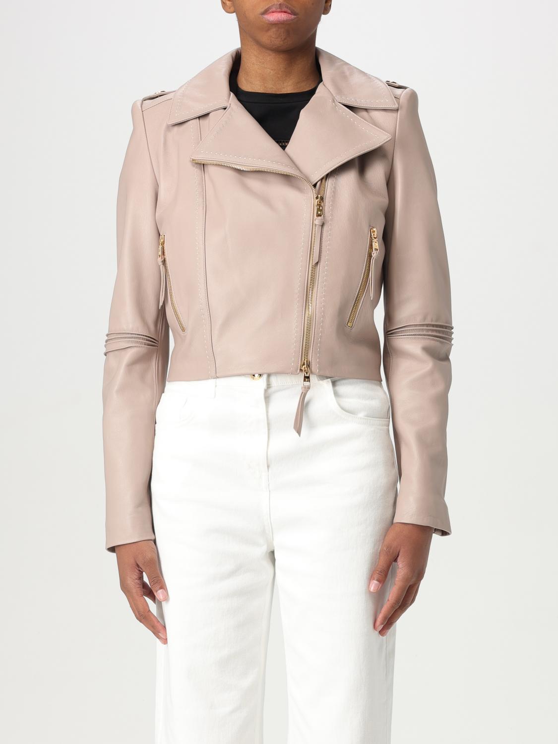 Elisabetta Franchi Leather Jacket With Stitched Profiles In Grey