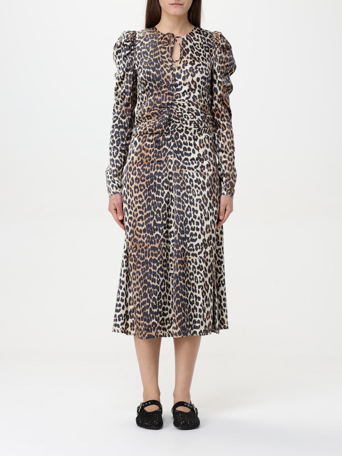 Ganni Leopard Print Midi Dress In Brown