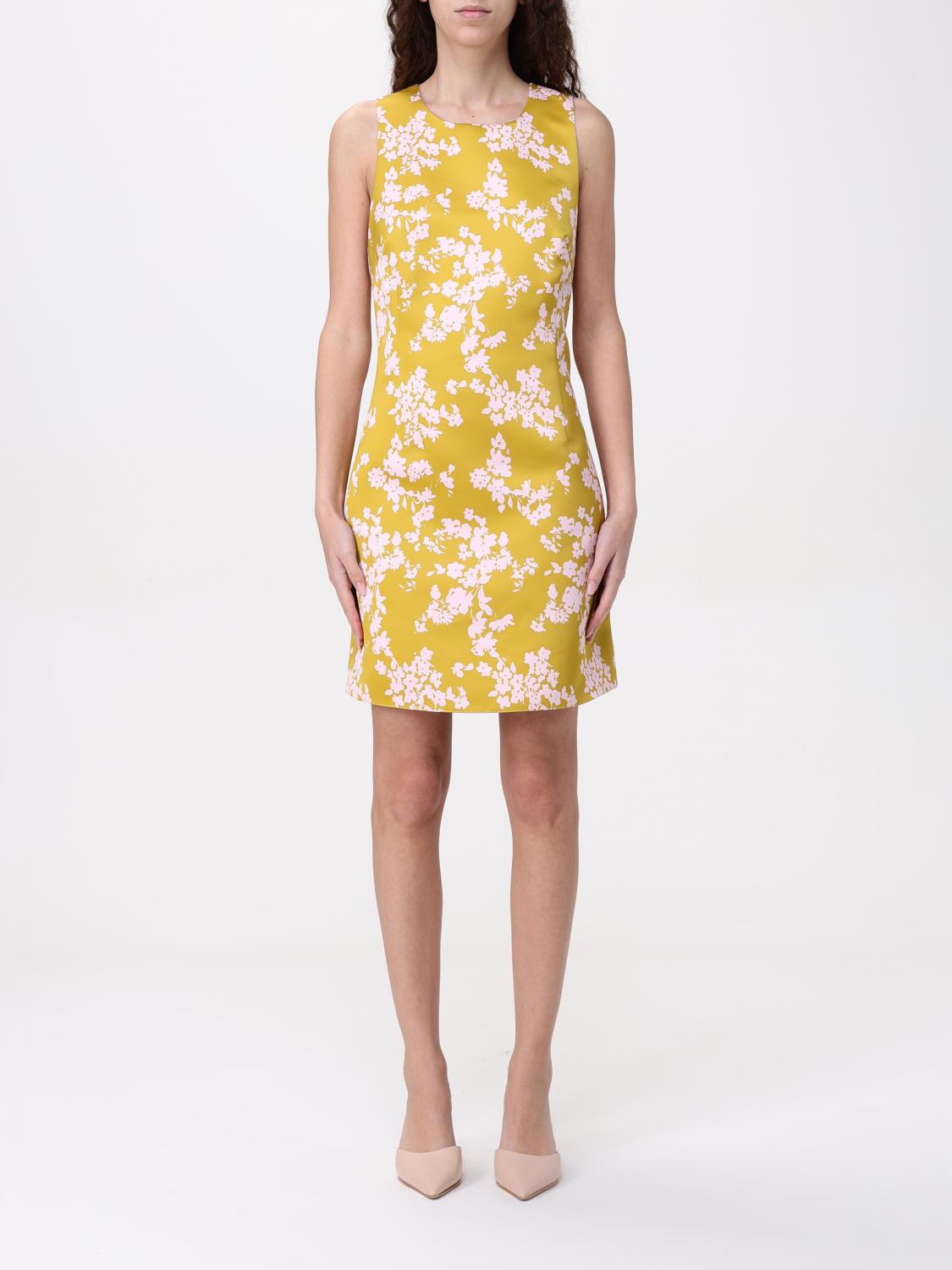 Elisabetta Franchi Floral Satin Dress With Tulle Back And Side Zipper In Yellow
