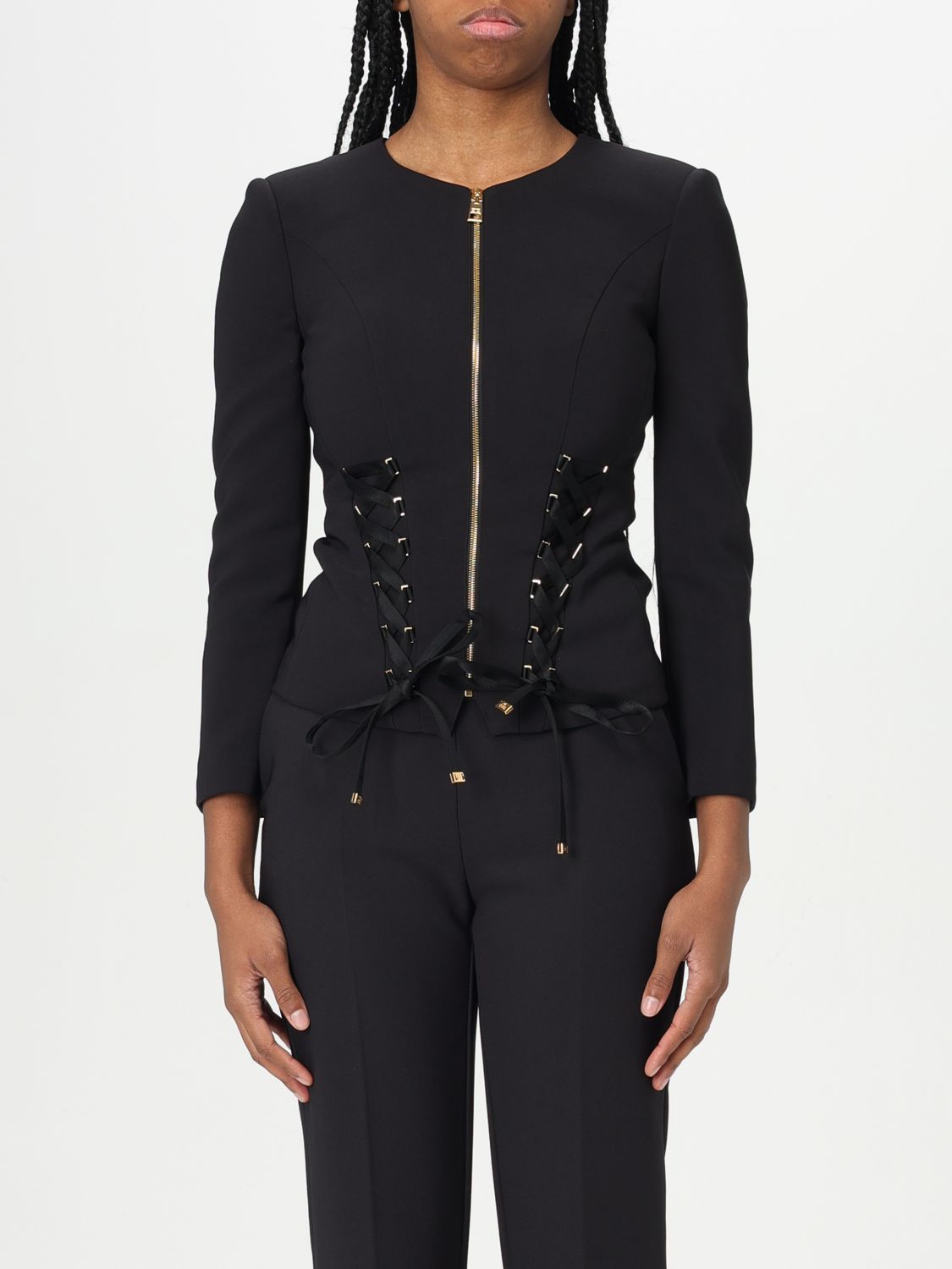 Elisabetta Franchi Crepe Jacket With Criss-cross Laces In Schwarz