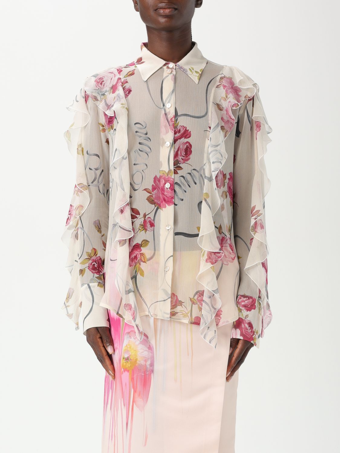 Blumarine Women Floral Silk Chiffon Shirt In White