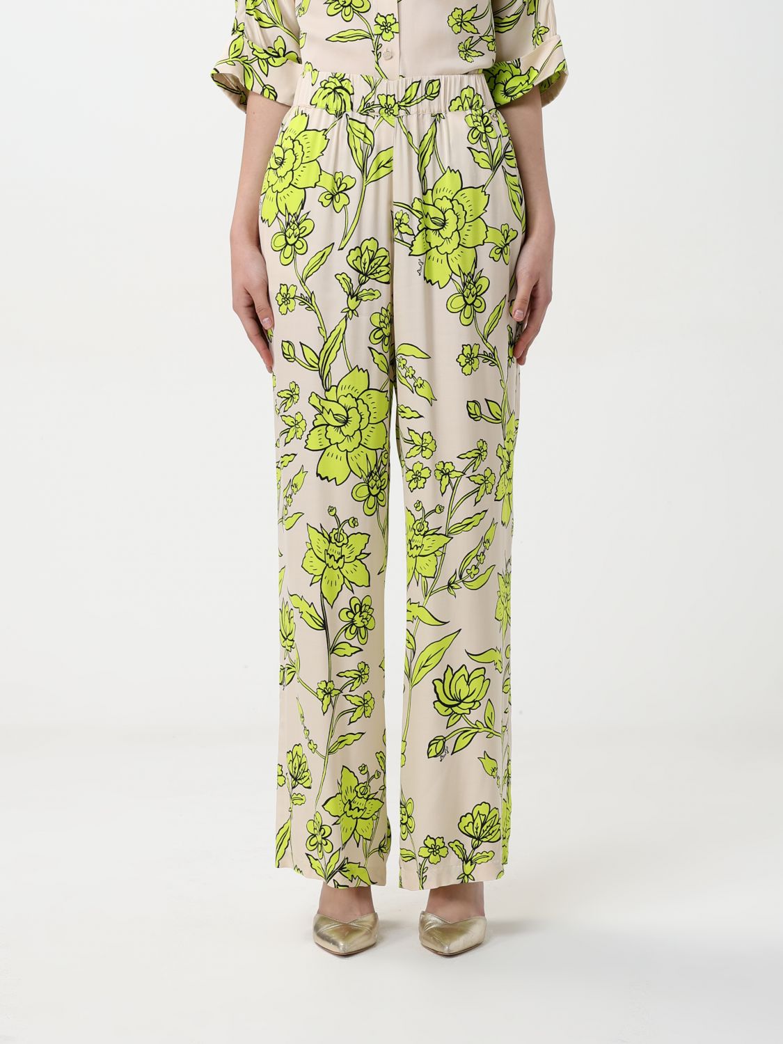 Liu •jo Elasticized Waist Floral Print Wide Leg Trousers In Green