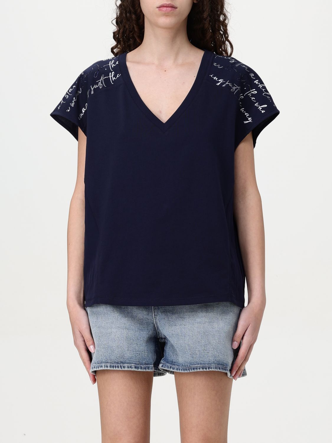 Liu •jo Crystal V-neck Graphic Print T-shirt In Schwarz