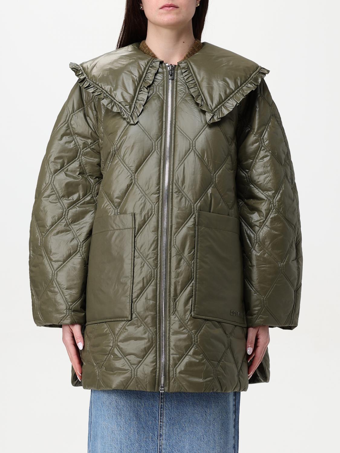 Ganni Lightweight Down Jacket With Oversized Collar In Kaki