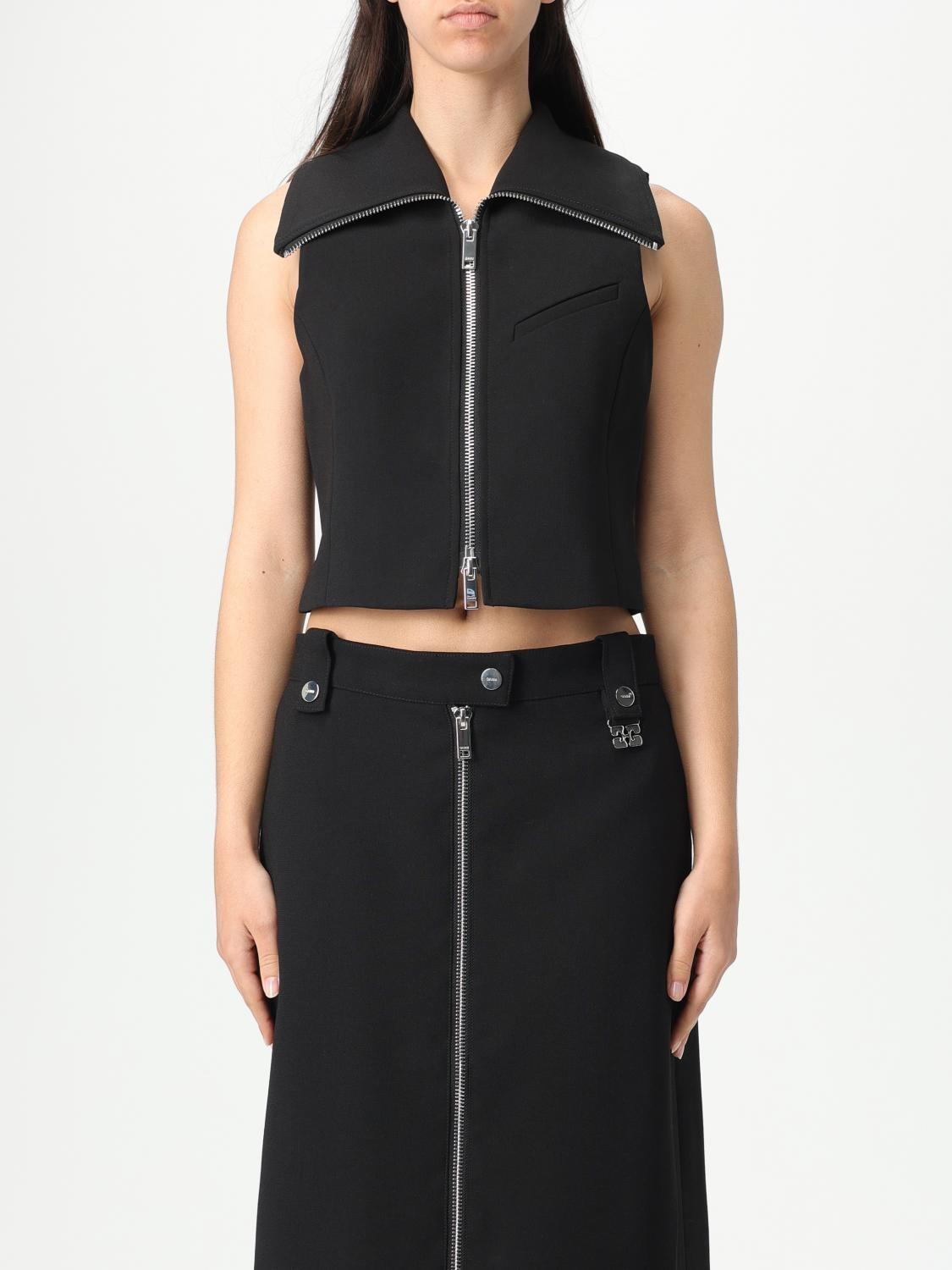 Ganni Zippered Peplum Vest Flared Cuffs In Black