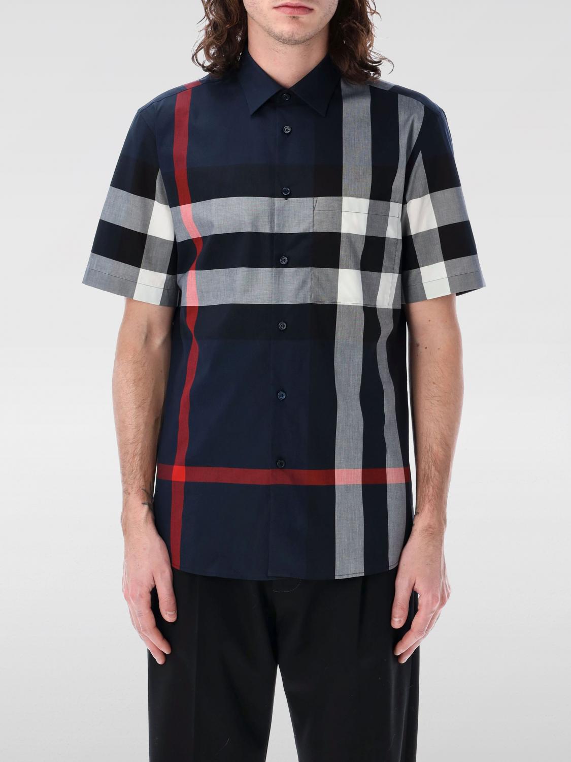 Burberry Short-sleeve Check Stretch Cotton Poplin Shirt In Blau