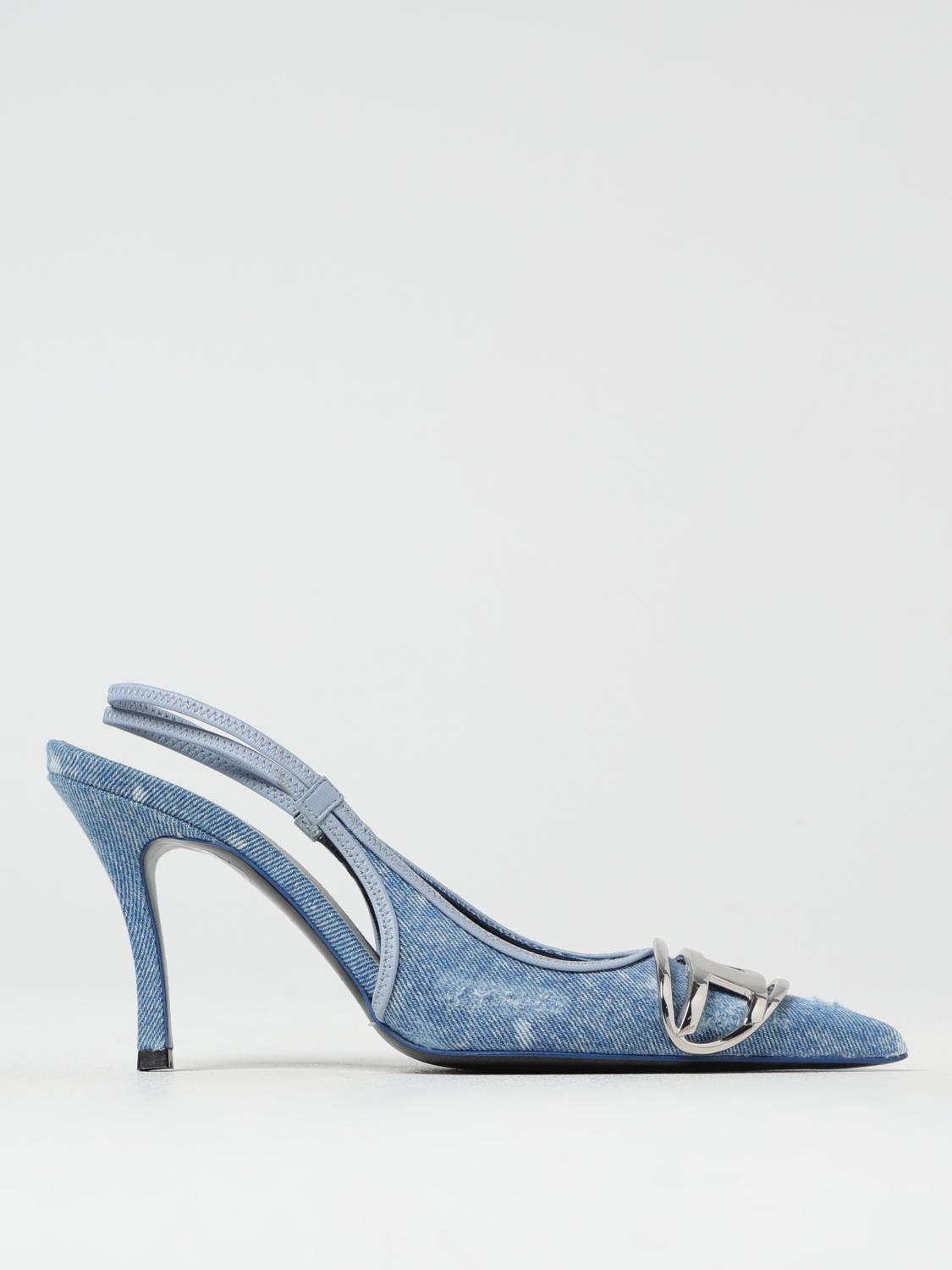 Diesel Pointed Toe Slingback Strap Silver-tone Pumps In Blue