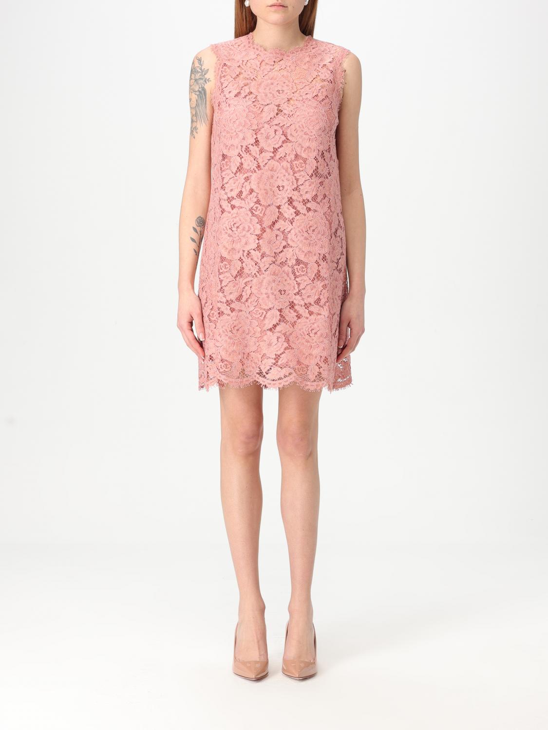 Dolce & Gabbana Floral Lace Overlay Dress With Scalloped Hem In Pink