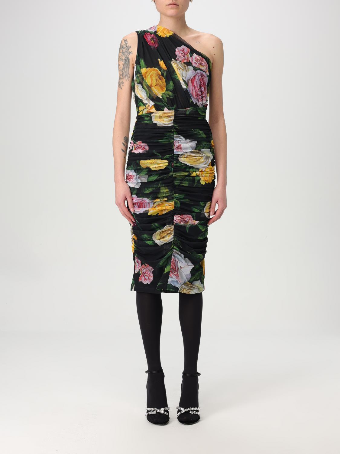 Dolce & Gabbana Elegant Black Dress In Polyamide With Floral Pattern For Cocktails And Evenings In Pink