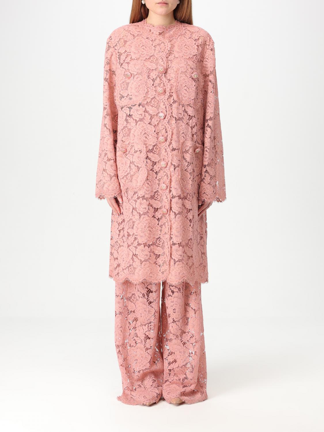 Dolce & Gabbana Collarless Lace Floral Patch Pockets Coat In Pink
