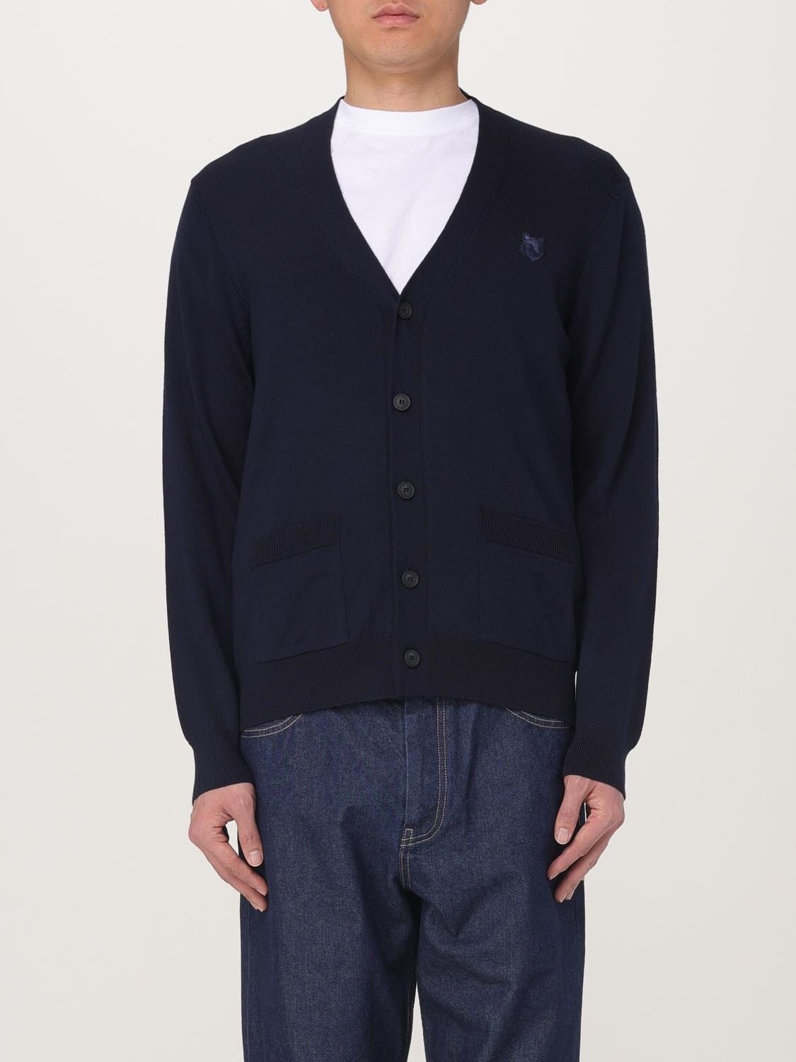Maison Kitsuné Wool Blend Cardigan With Embroidered Foxy Patch On The Front In Blau 1