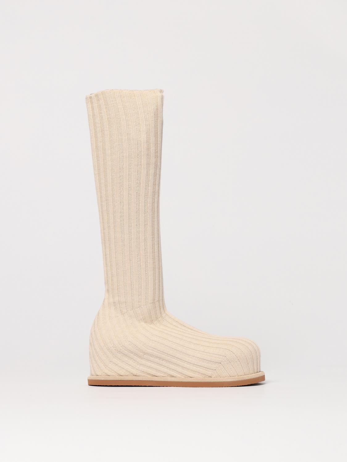 Amina Muaddi Ribbed Texture Flat Sole Sock-like Boots In Beige