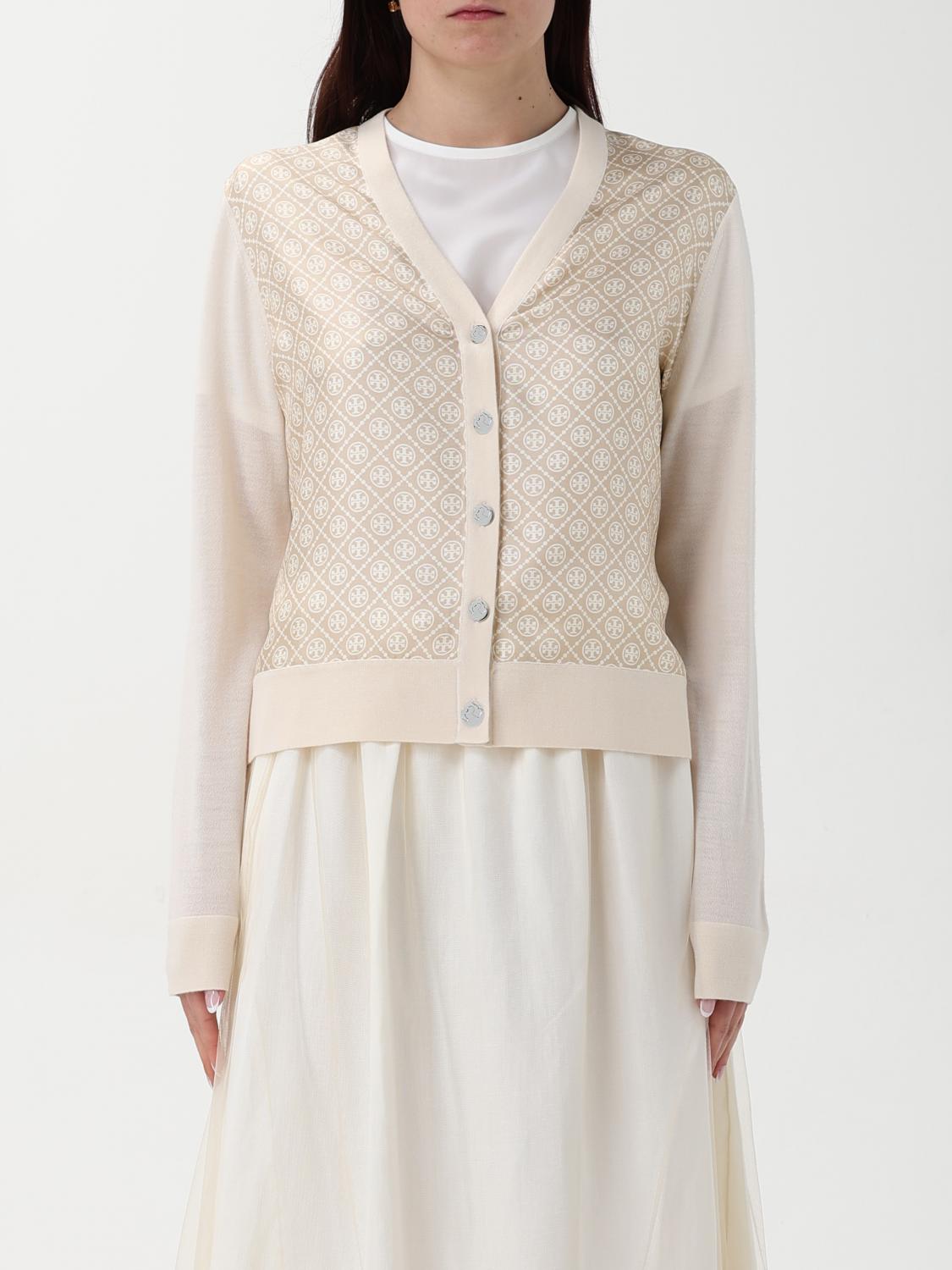 Tory Burch Silk And Wool Cardigan With Logos In Beige